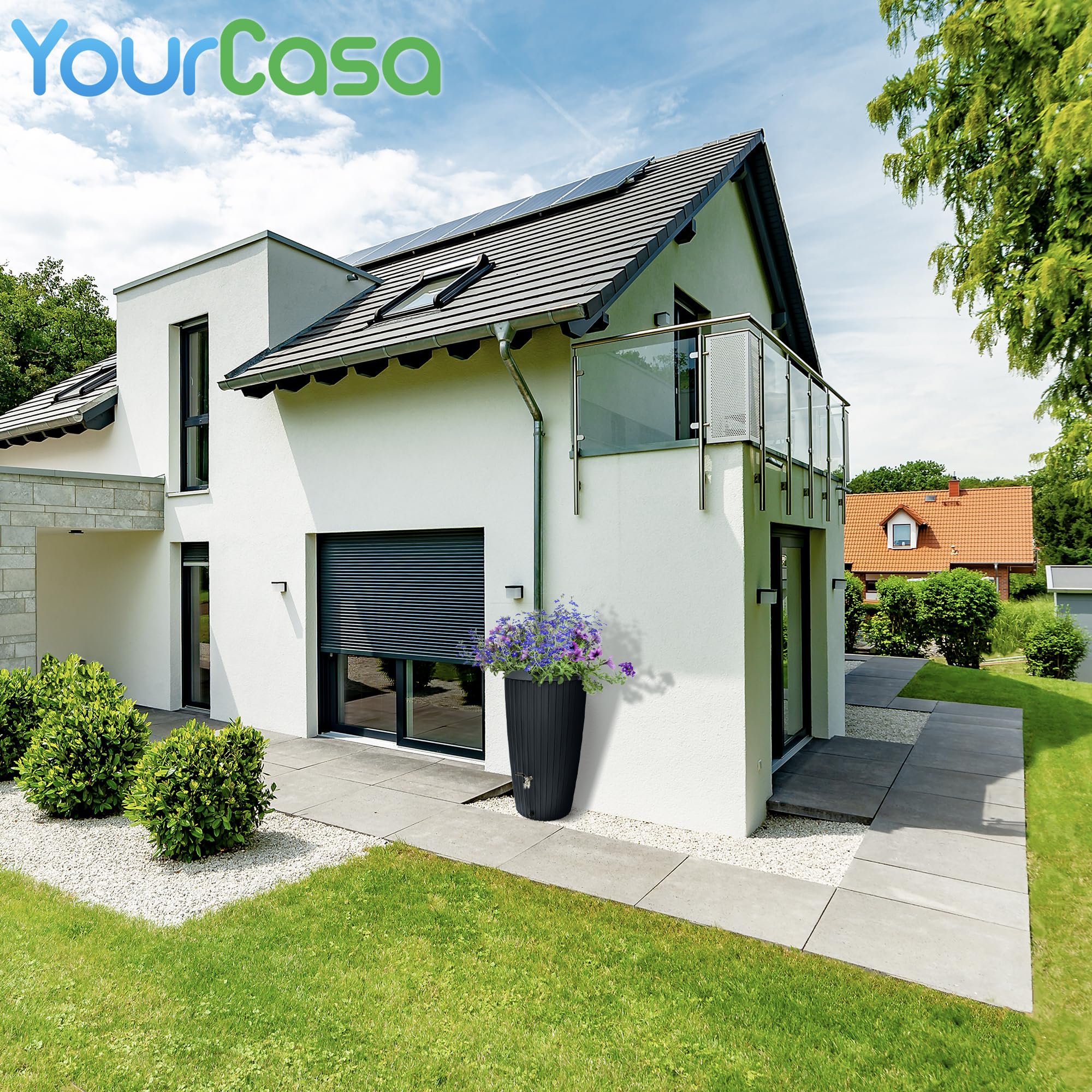 YourCasa Regentonne 240 Liter [RainCatcher] Messing Wasserhahn & Deckel - Regenfass Frostsicher aus Kunststoff - Regenwassertonne - Regenwassertank Garten Wassertank Regensammler Wasserfass (Graphite)