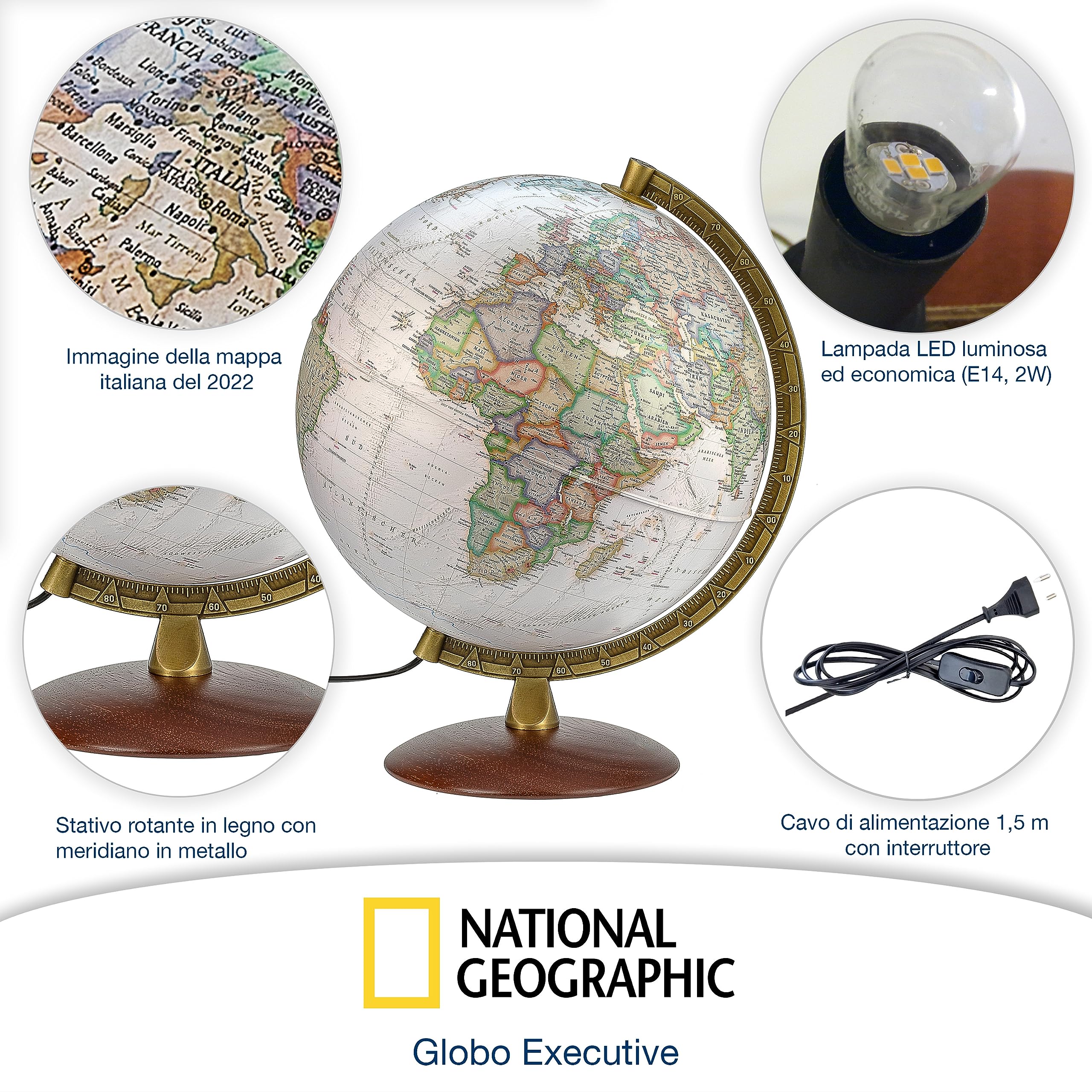 National Geographic - Mappamondo illuminato in stile Executive -30 cm con base stabile e meridiano in metallo, immagine della mappa 2022 fisica/politica con luce LED, immagine della mappa italiana