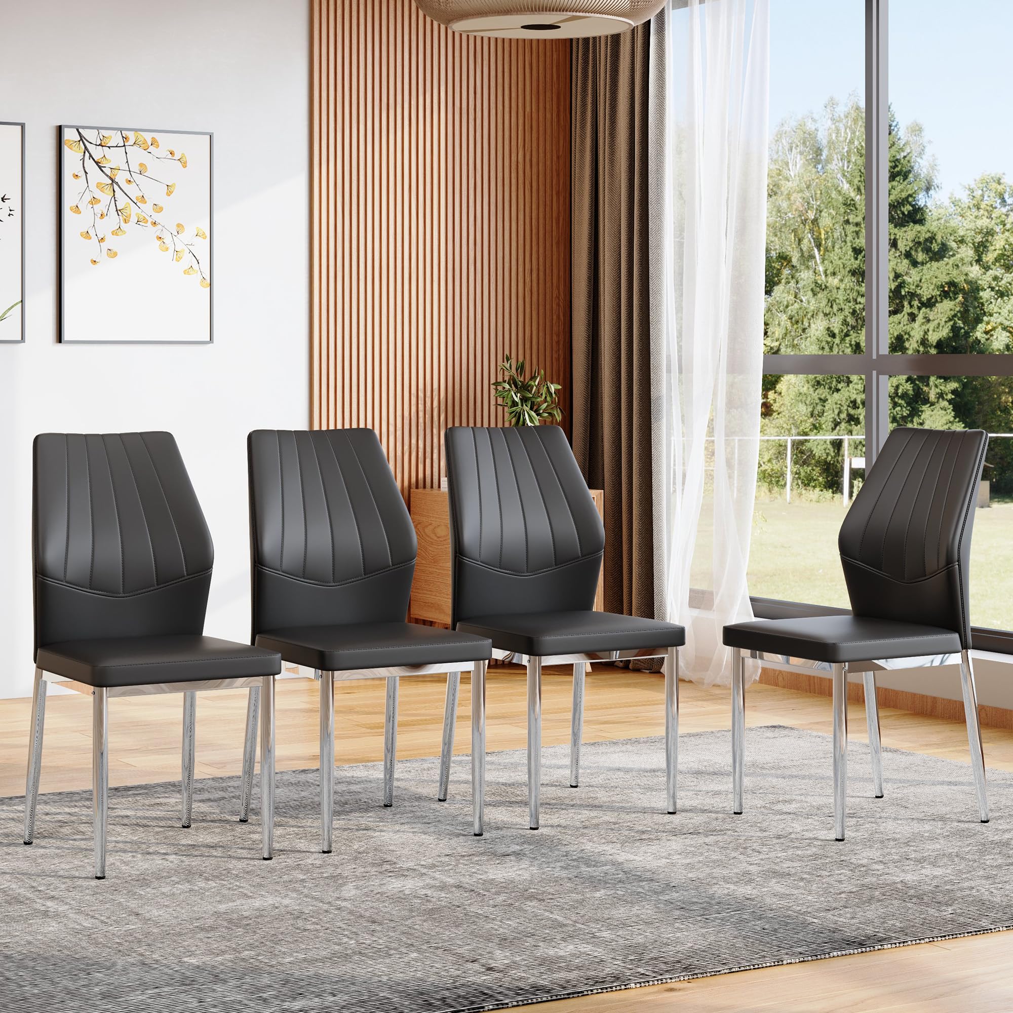 Dining Chairs Set for 4, Modern Dining Room Chair Set of 4,Black Faux Leather Upholstered Dining Chairs Set of 4 with Chrome Silver Legs, Sillas De Comedor Chair for Dining,Kitchen,Living