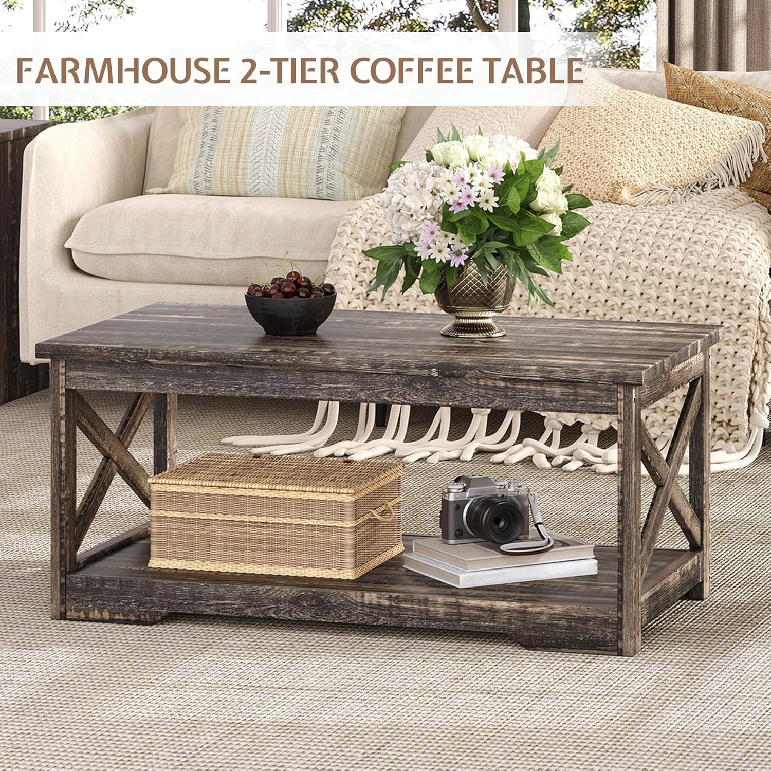 5-Piece Farmhouse Living Room Table Sets, Includes 75" Rustic TV Stand with 36" 3-Sided Glass Fireplace, 40" Coffee Table and 2 End Tables with Charging Station & Barn Doors, Black Oak 75in Black Oak