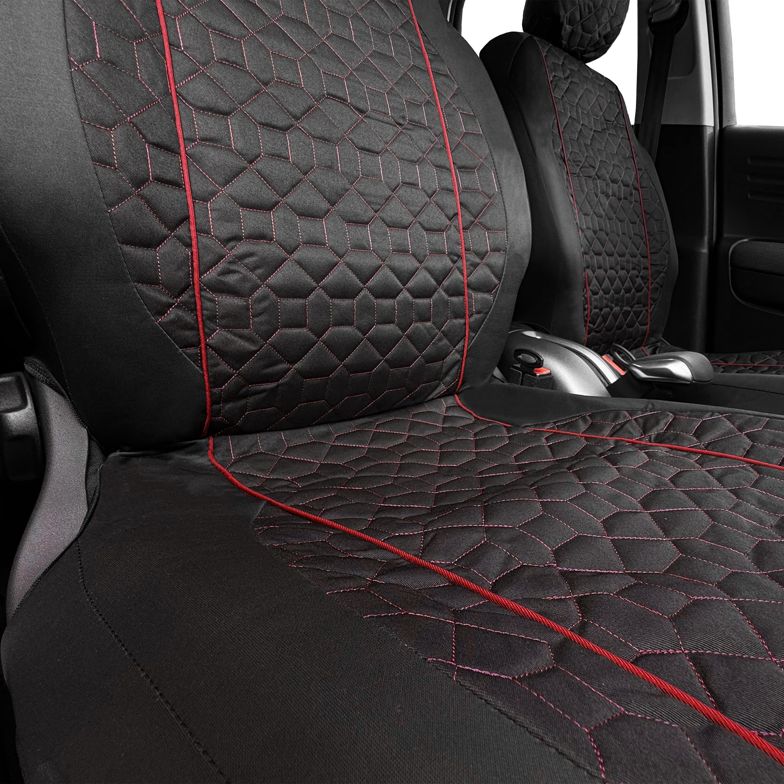 Auto Accessori Lupex | 2pz Coprisedili Anteriori Universali LS16 - Tessuto Deluxe Nero cuciture Rosso | Design Elegante, Resistente e Confortevole | Compatibili con Poggiatesta Classico