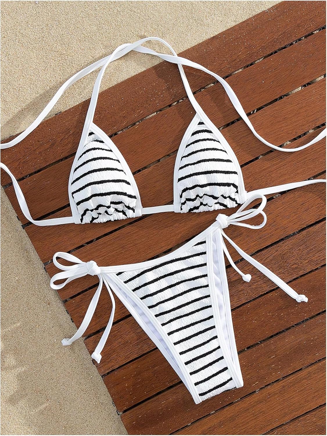 GORGLITTER Women's 2 Piece Striped Swimsuits High Cut Tie Side Halter Triangle Sling Bikini Set Swimwear - Image 5