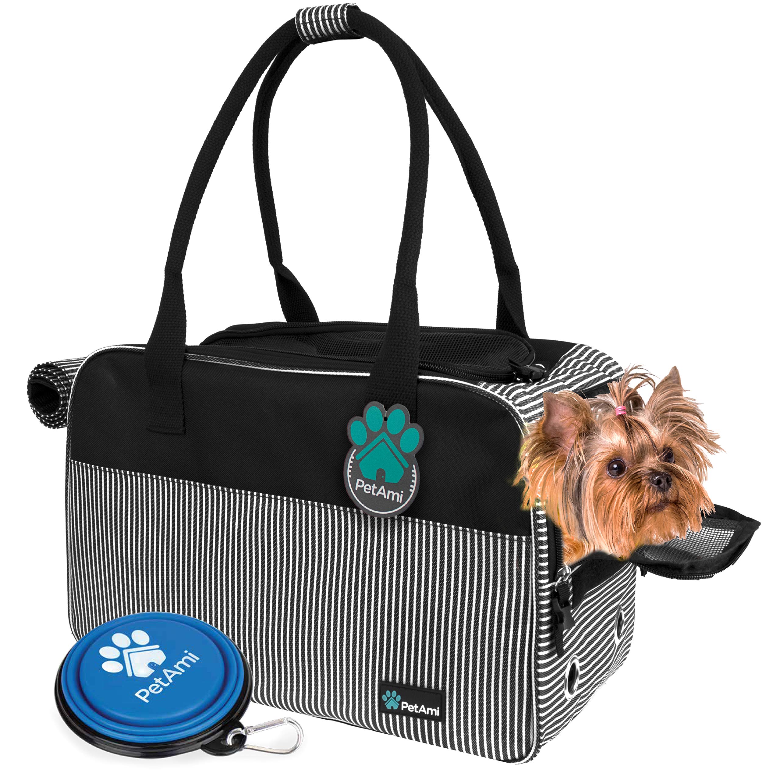 PetAmiDog Purse Carrier for Small Dogs, Airline Approved Soft Sided Pet Carrier w/Pockets, Ventilated Dog Carrying Bag Puppy Cat, Dog Travel Supplies Accessories Carry Tote, Sherpa Bed, Stripe Black