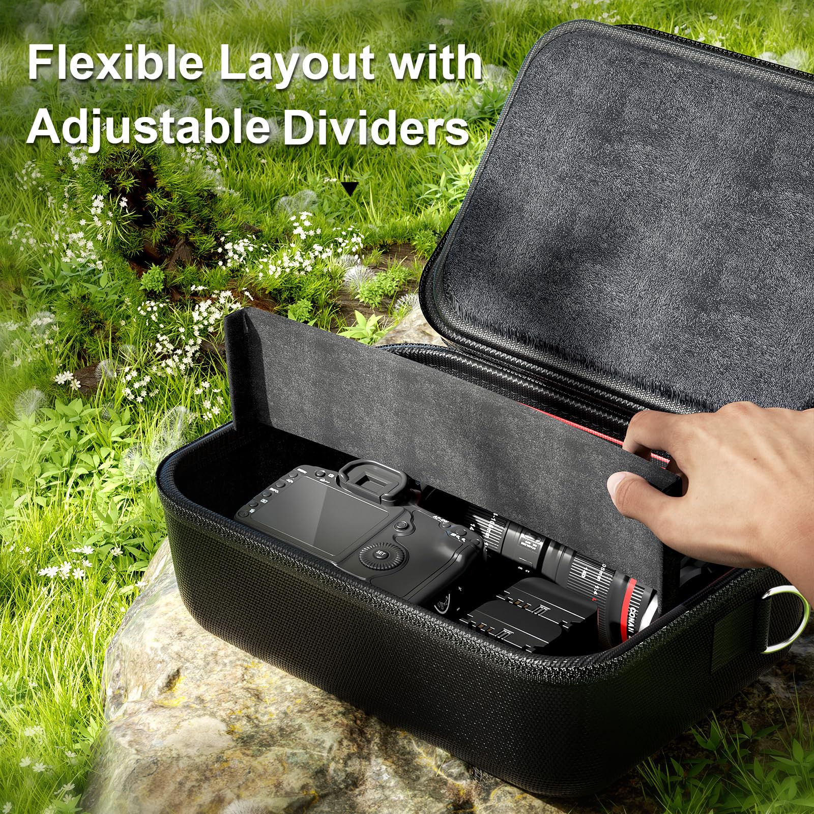 ProCase Hard Shell Camera Case for Canon Rebel T7/EOS R100/R50/DSLR/SLR/Nikon/Sony/Mirrorless Cameras, Soft Padded Digital Camera Travel Bag with 1 Shoulder Strap and 3 Adjustable Dividers -Black