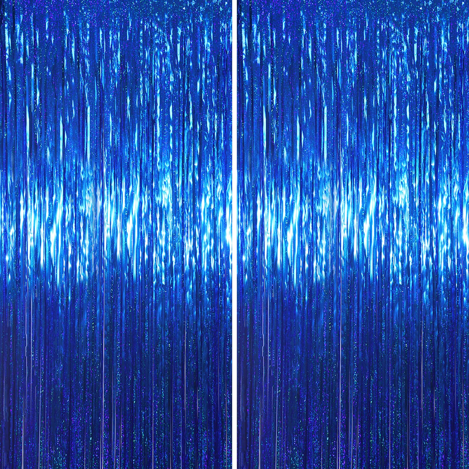 Voircoloria 2 Pack Laser Blue Foil Fringe Backdrop Curtains, 3.3x8.2 Feet