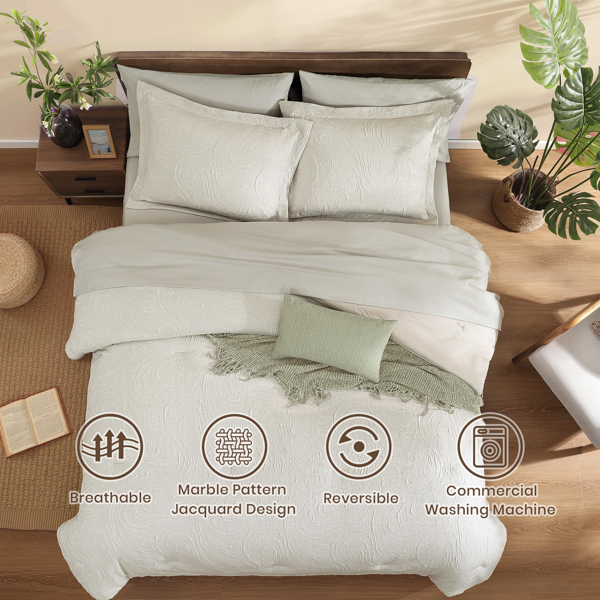 Monbix Queen Comforter Set - 7 Pieces Cationic Dyeing Olive Green Bed in a Bag Queen Bedding Sets with Comforter, Sheets, Pillowcases & Shams, Reversible Bedding Comforters Sets: Pebble 7Piece-Queen(90”X90'')