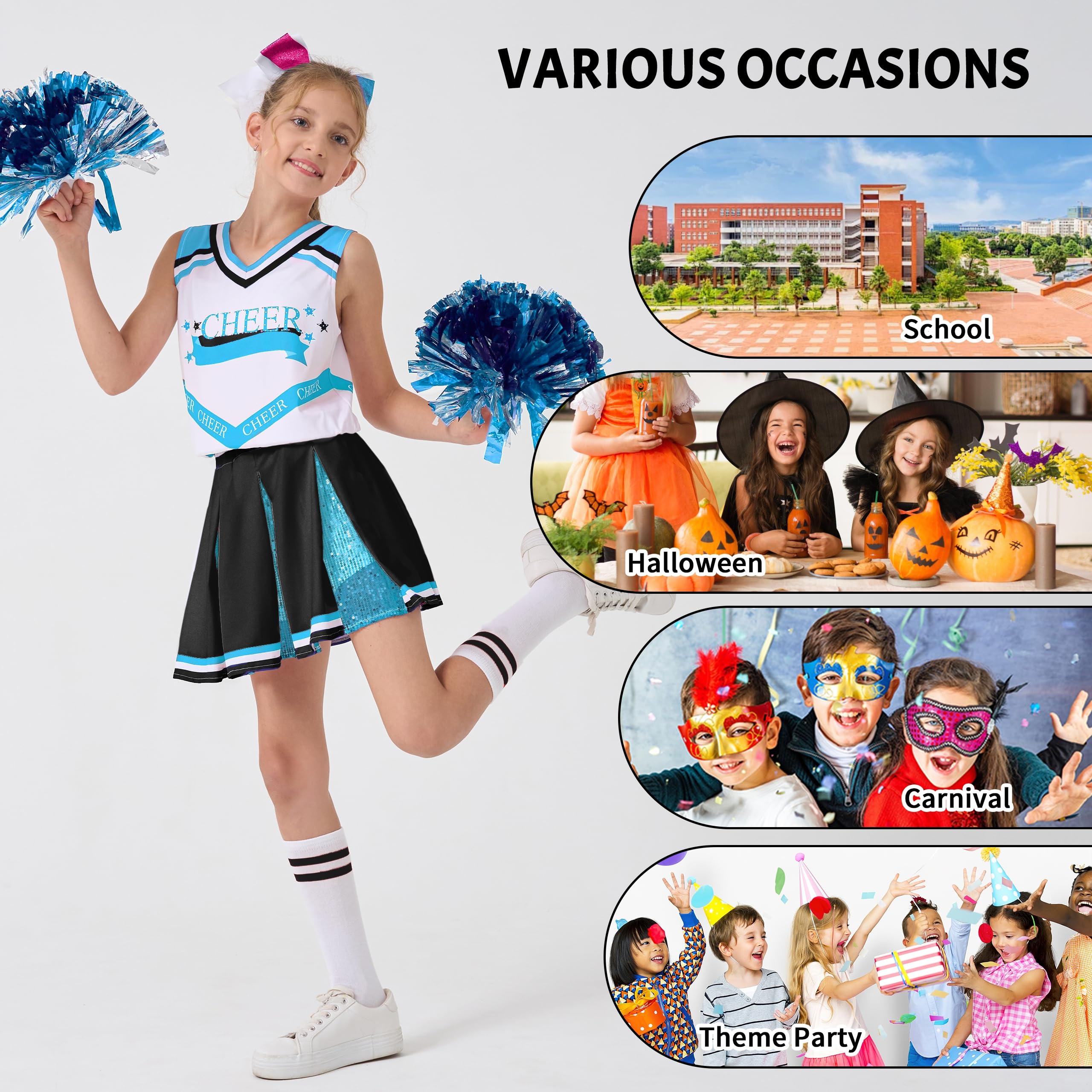 LOLANTA Costume da cheerleader per ragazze, uniforme da cheerleader per bambini con glitter per Halloween | 5 abiti da cheerleader glitterati con calzini e pompon, per Halloween, cosplay, feste in maschera, Natale, 4-15 anni