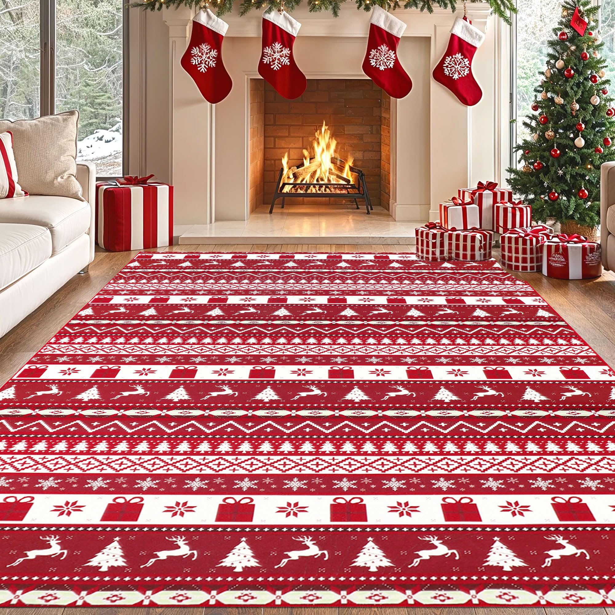 Homcomodar Alfombras de Navidad Grande 160x230cm Alfombra Salon Lavable Antideslizante Navidad Alfombras Pelo Corto Largo de Dormitorio Habitacion Comedor Rojo