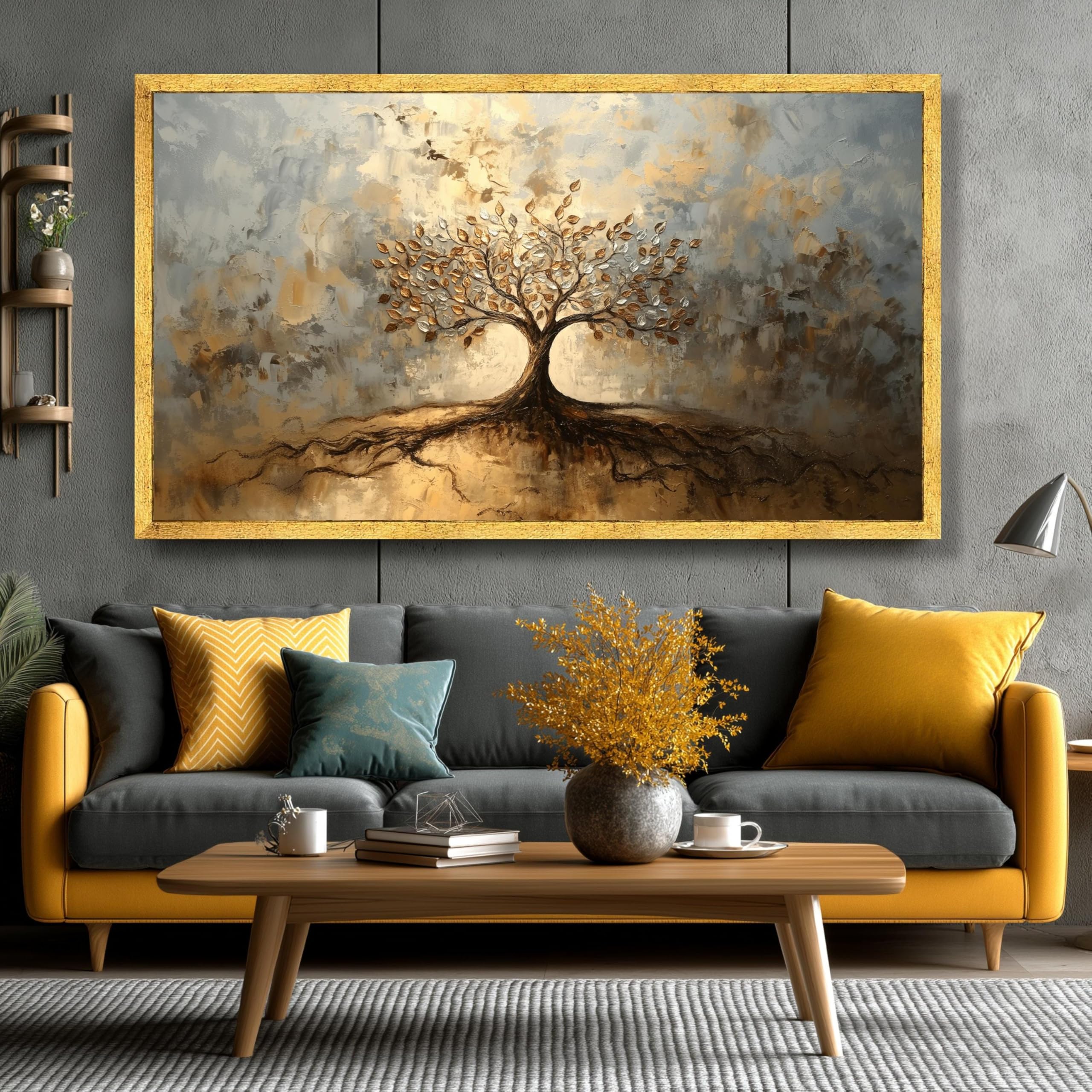LMYCHENG Złote drzewo życia, sztuka ścienna, abstrakcyjny obraz drzewa, liście, plakaty i wydruki, wystrój domu, nowoczesna grafika na płótnie (70 x 130 cm/rama wewnętrzna)