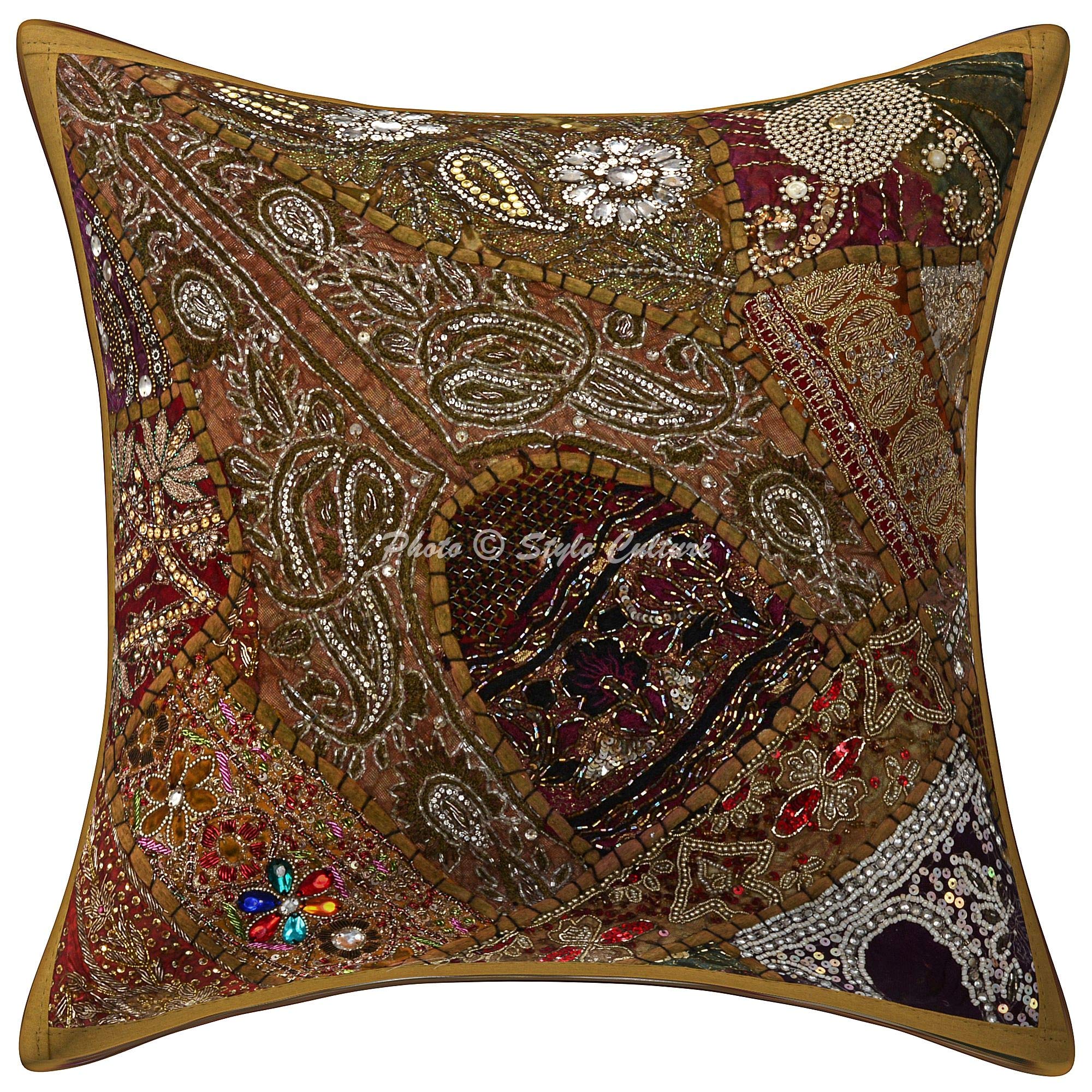 Indiano Fodere Per Cuscini 40x40 cm Decorativo Per Divani Design Del Collo Patchwork Ricamato Con Perline Marrone Cachi Quadrato Elegante Copricuscini Camera Da Letto - 4 pezzi