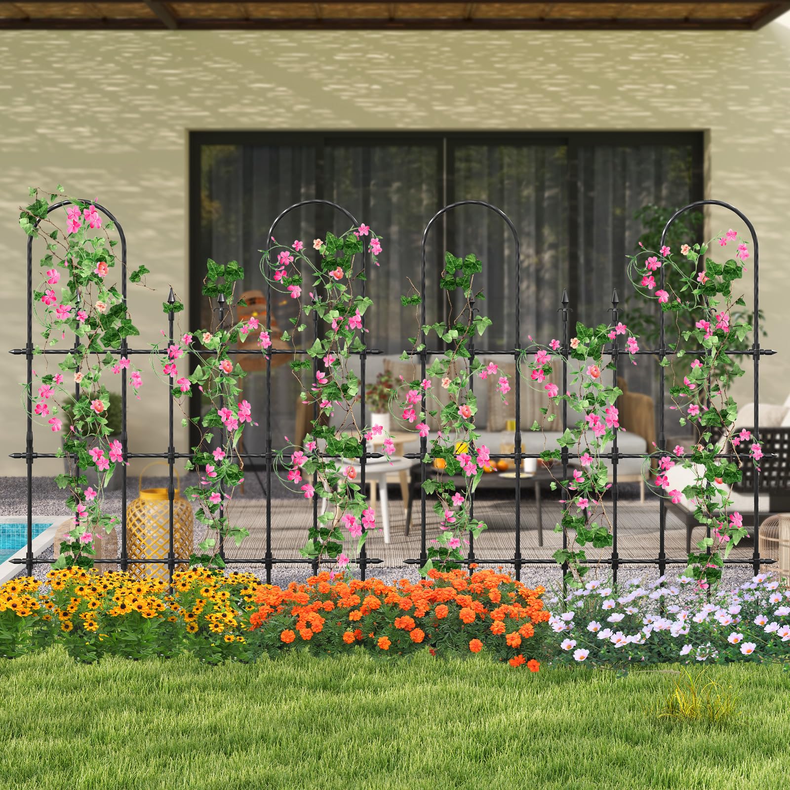 RELAX4LIFE Rankgitter Metall, 146 x 186 cm, Rankhilfe Garten, Gartenspalier für Kletterpflanzen, U-förmiges Spalier zum Stecken, Rosengitter rostfrei für Rosen, Efeu, Tomaten, Gartenzaun deko, Schwarz