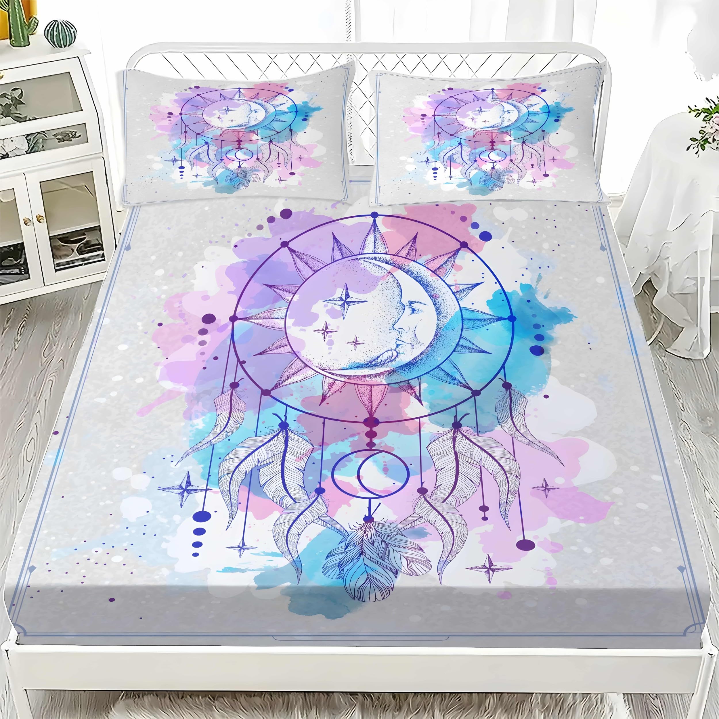 Prześcieradło z gumką Dreamcatcher z piórami, głęboka kieszeń, 30 cm, miękkie, przytulne, 3-częściowe prześcieradło z mikrofibry 200 x 200 cm z 2 poszewkami na poduszki 50 x 75 cm