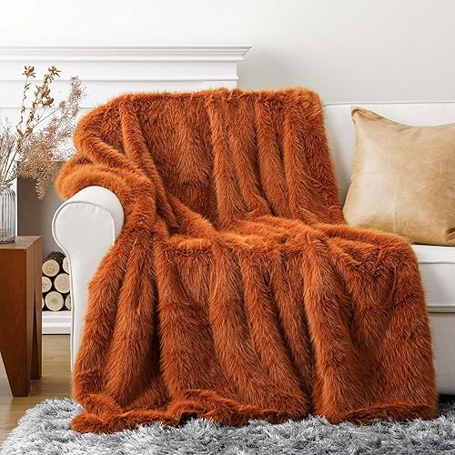 Miniatura 2 de BATTILO HOME Manta de lujo de piel sintética de otoño, manta de piel naranja óxido para sofá, silla, cama, felpa suave, cálida y acogedora manta de