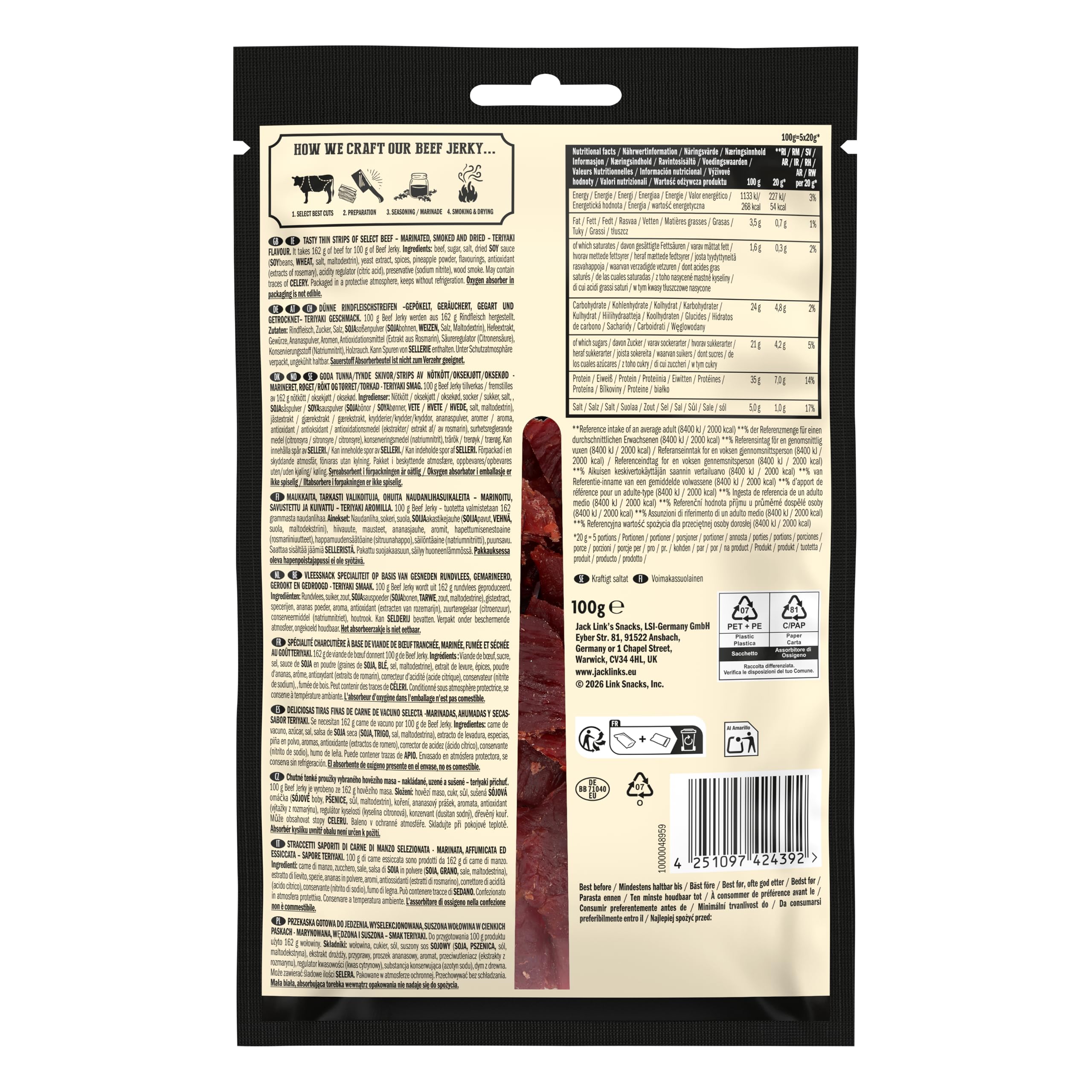 Jack Link's Beef Jerky Teriyaki – Lot de 10 sachets (10 x 100 g) – Viande de Bœuf Séchée Riche en Protéines – Snack Protéiné pour le Sport et les Activités en Plein Air