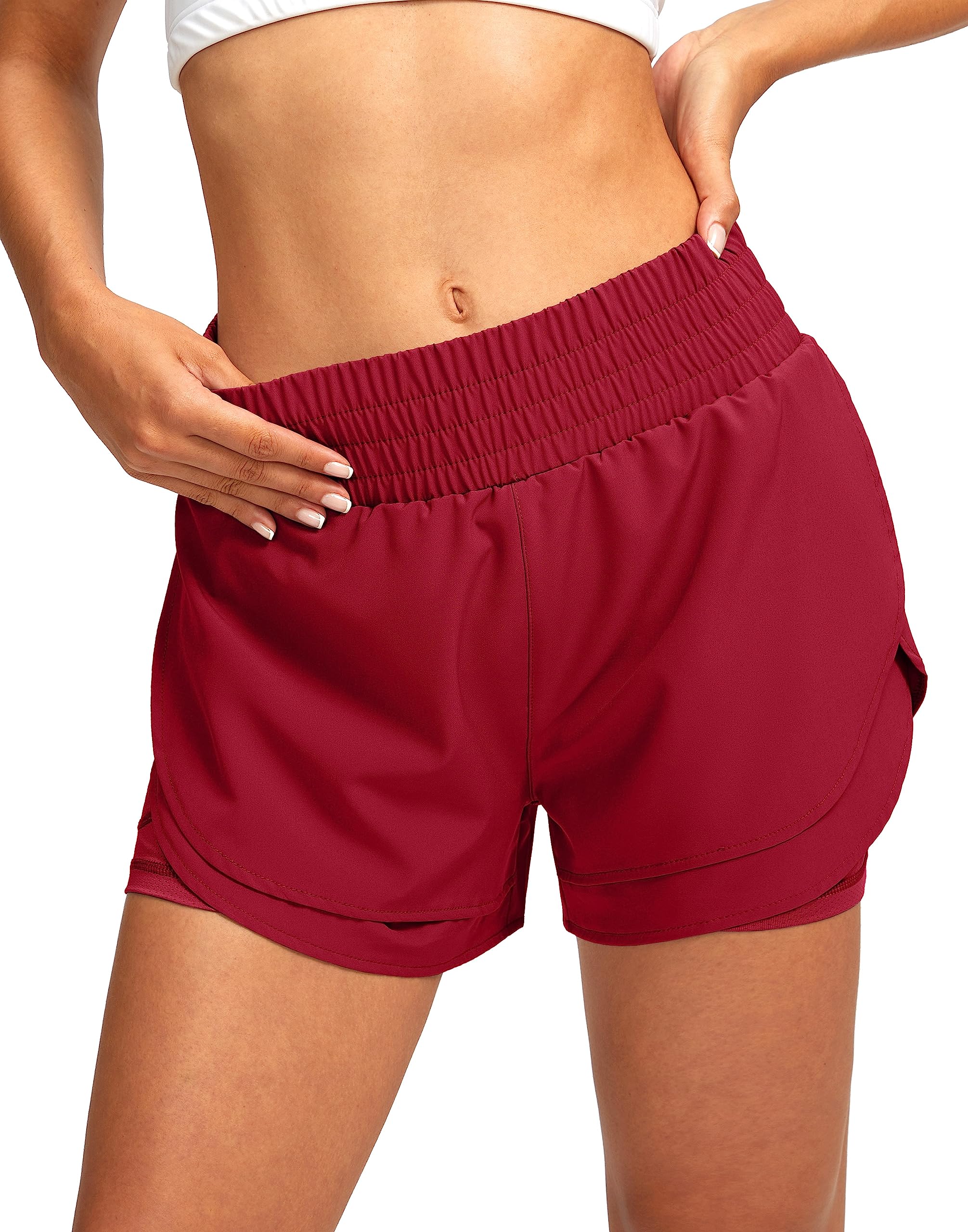 Soothfeel Women's 2 in 1 Running Shorts High Waisted Athletic Shorts Exercise Gym Workout Shorts for Women with Pockets