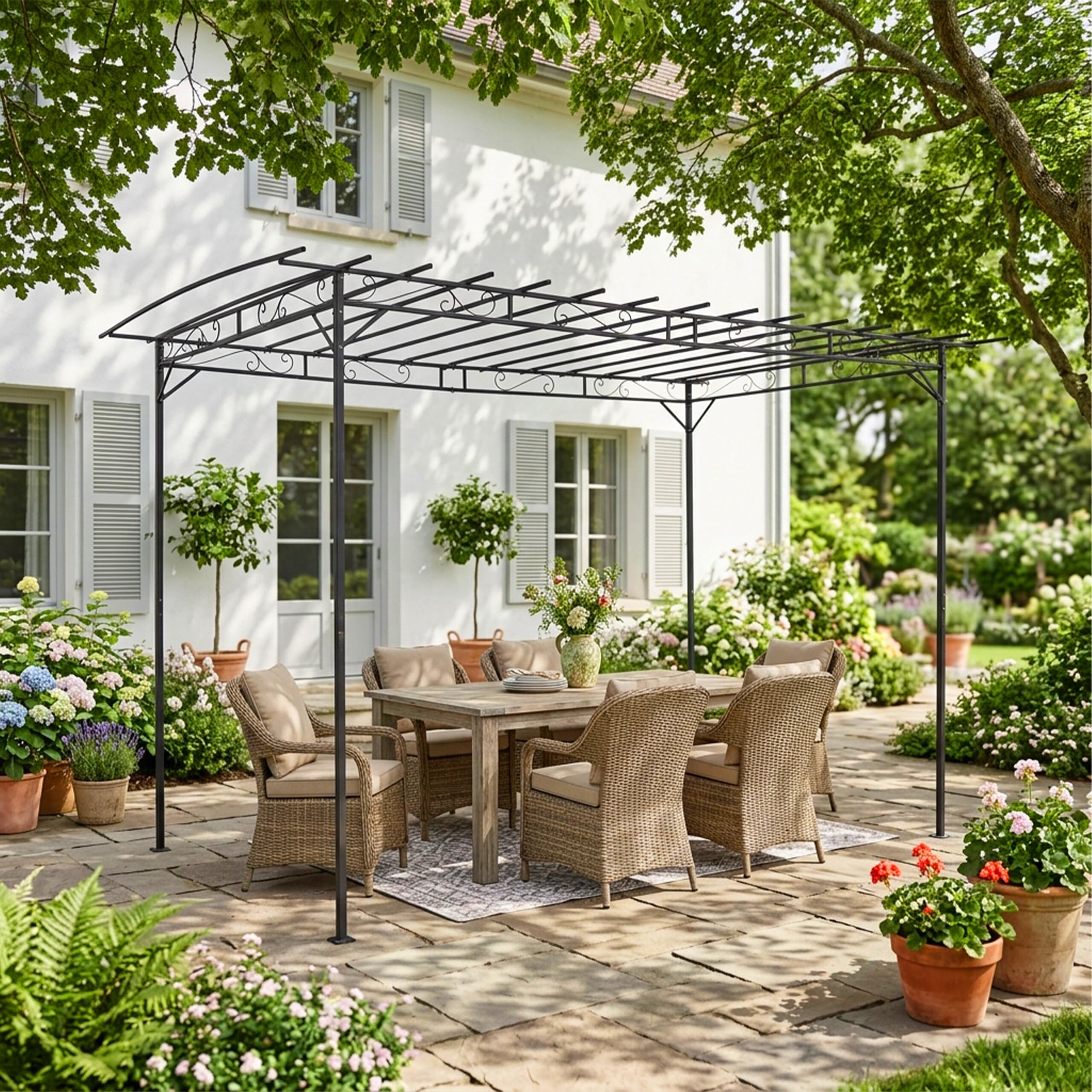 Relaxdays Pergola, Metallo, HxLxP: 215 x 320 x 190 cm, Copertura per terrazza autoportante, Arco per Rose, Nero