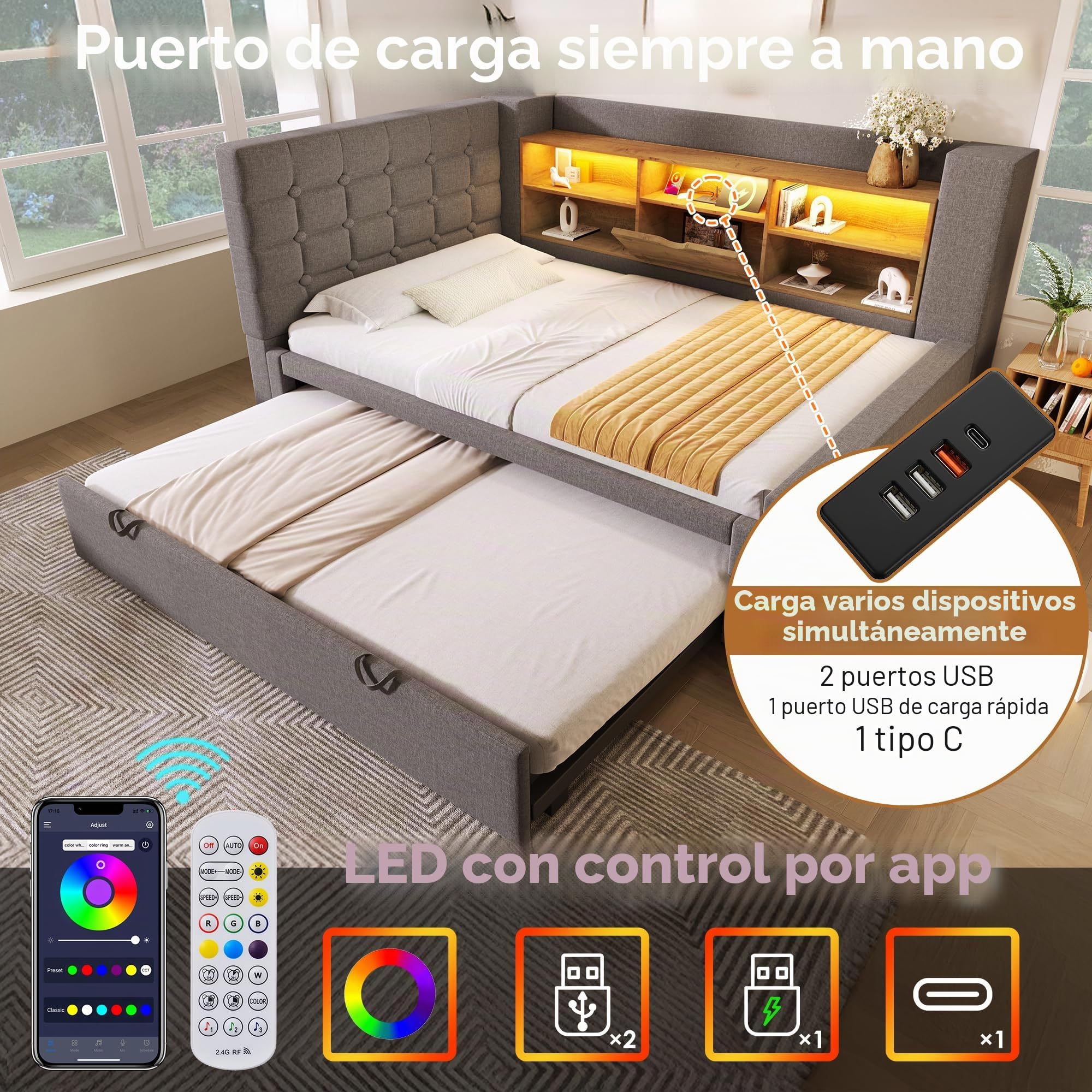 Cama acolchada con iluminación LED, 90 x 200 cm, con cama nido 90 x 190 cm, cabecero en forma de L con espacio de almacenamiento, montaje en ambos lados, somier de listones, lino (gris-A)