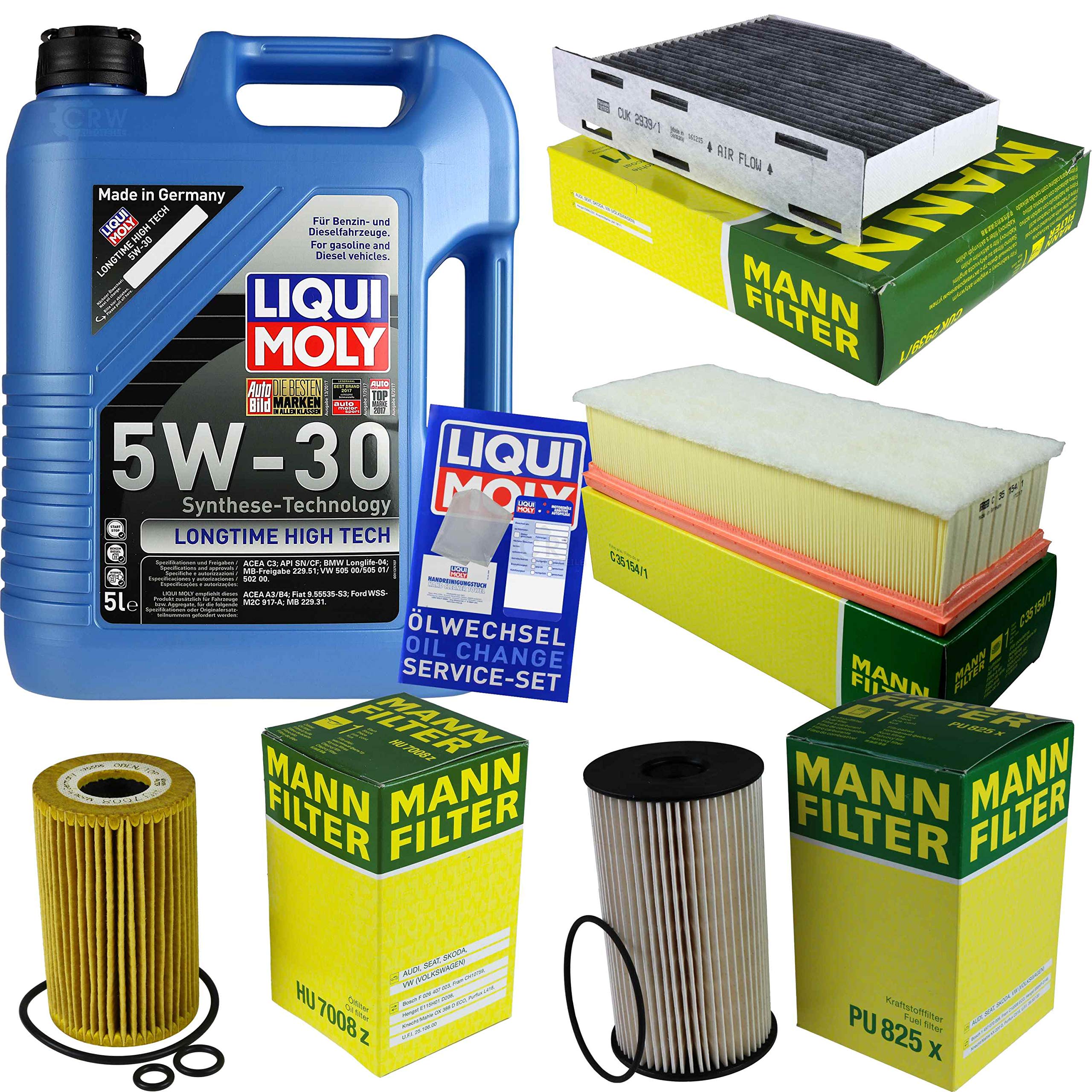 Kit d'inspection 5 l d'huile moteur Longtime High Tech 5W-30 MANN-FILTER Filtre d'habitacle Filtre à carburant Filtre à air Filtre à huile