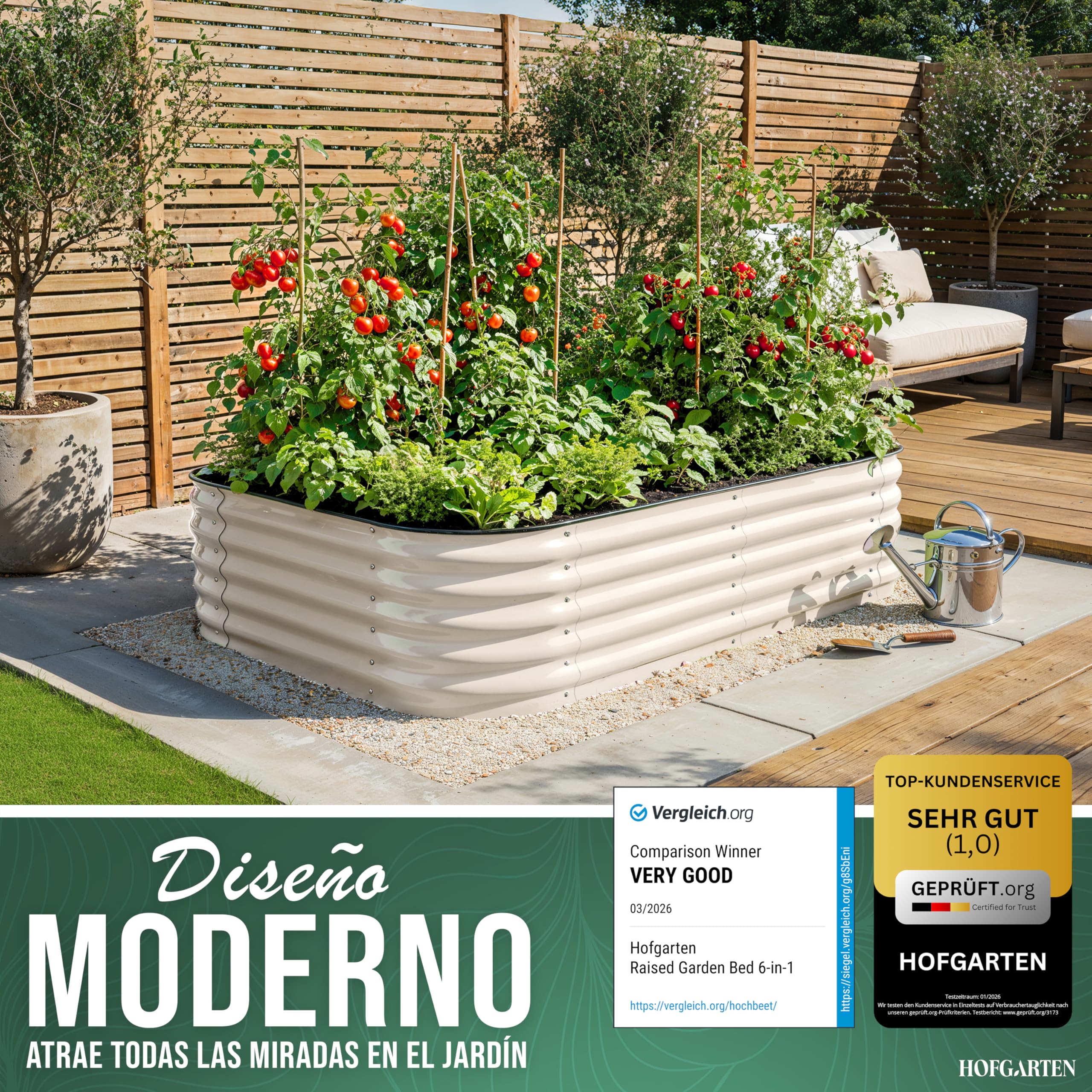 HOFGARTEN 200x60x42 cm Huerto Elevado Modular 6 en 1 de jardín, bancal Elevado de Metal con Base Abierta para Colocar sobre la Tierra, protección anticorrosión y Alta Estabilidad (Beige)