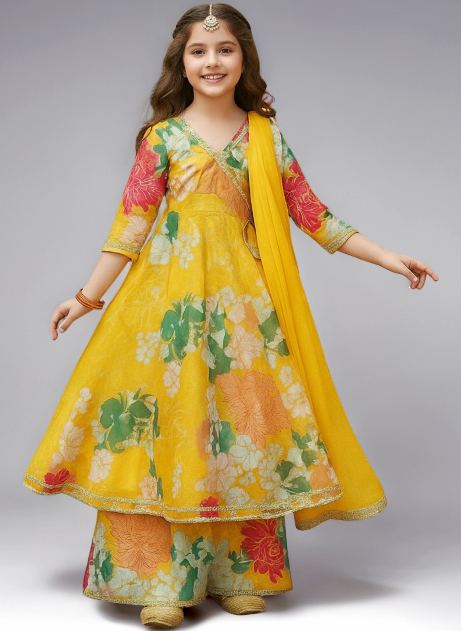 Naixa Girls Rayon Fabric Floral Printed 3/4 Sleeve Sharara Dress Set For All Occasion salwar suit