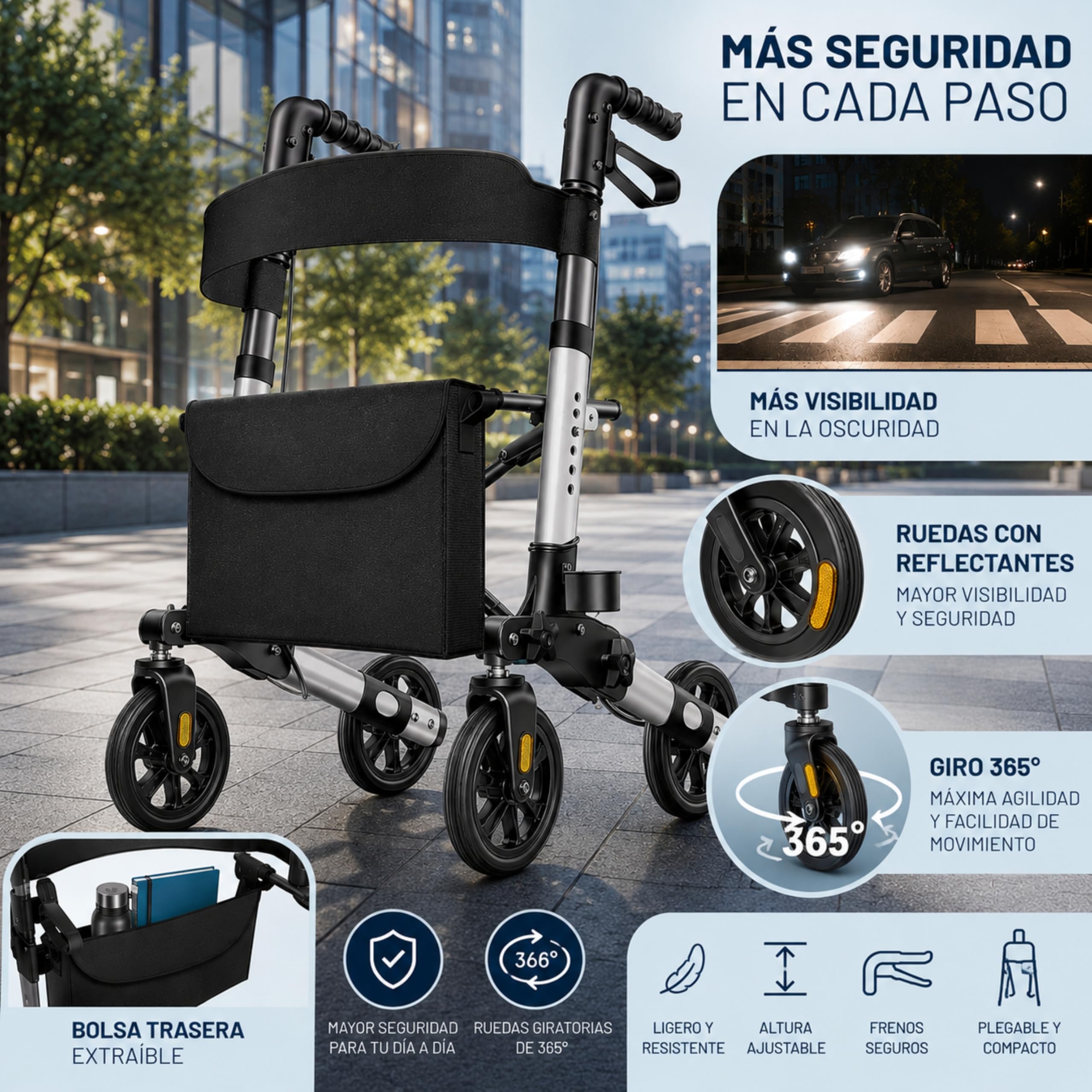 Andador MA08 plegable con asiento y respaldo, 4 Ruedas/Frenos/Saco de Compra y Porta Bastón, Altura Ajustable 83-96cm, Andador, Carro, Rollator para Ancianos MODELO MA08
