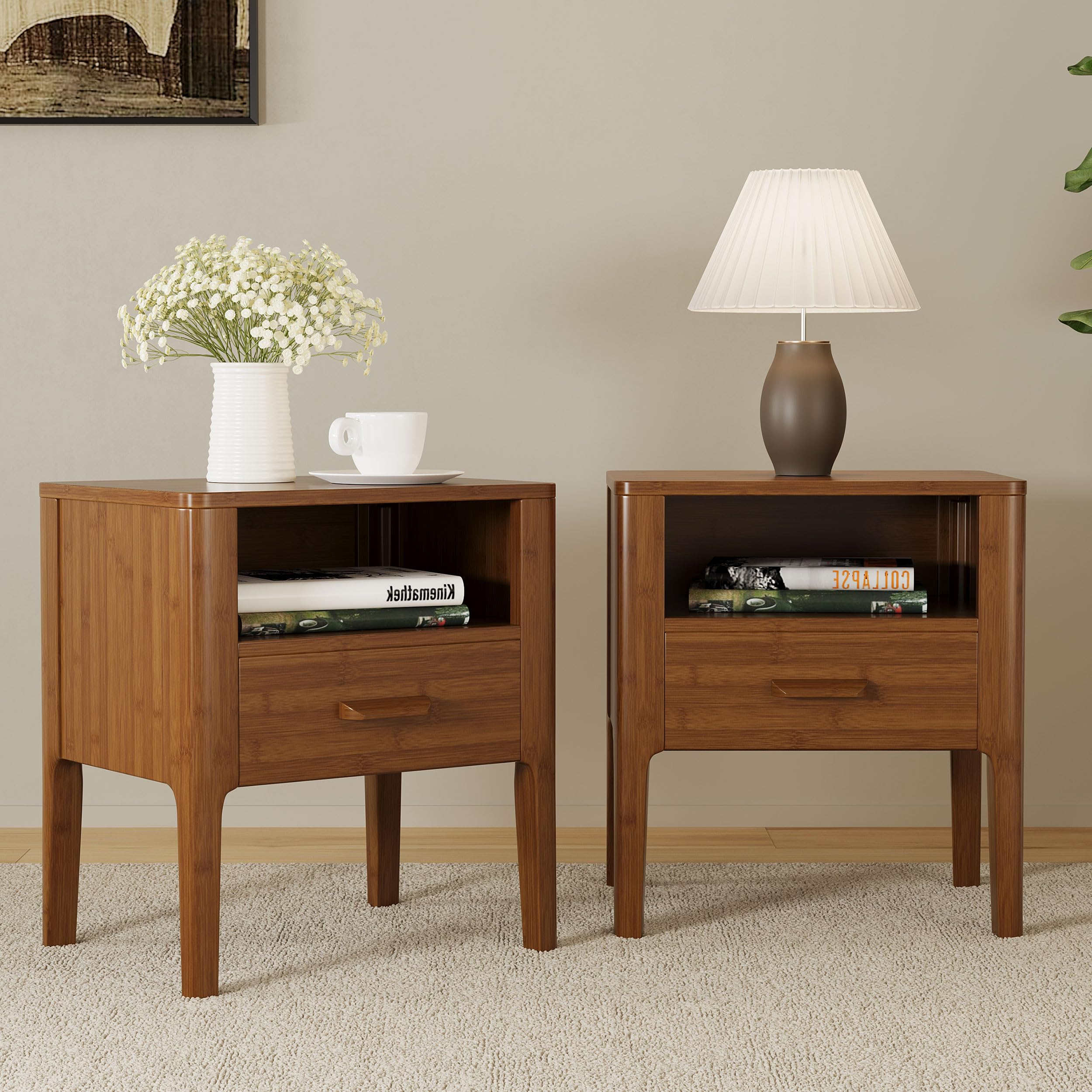 Merax Bamboo Nightstands Set of 2, Mid-Century Modern Night Stands with Drawers & Open Shelf, Solid Sustainable Bedside Table, Small Side Drink Tables