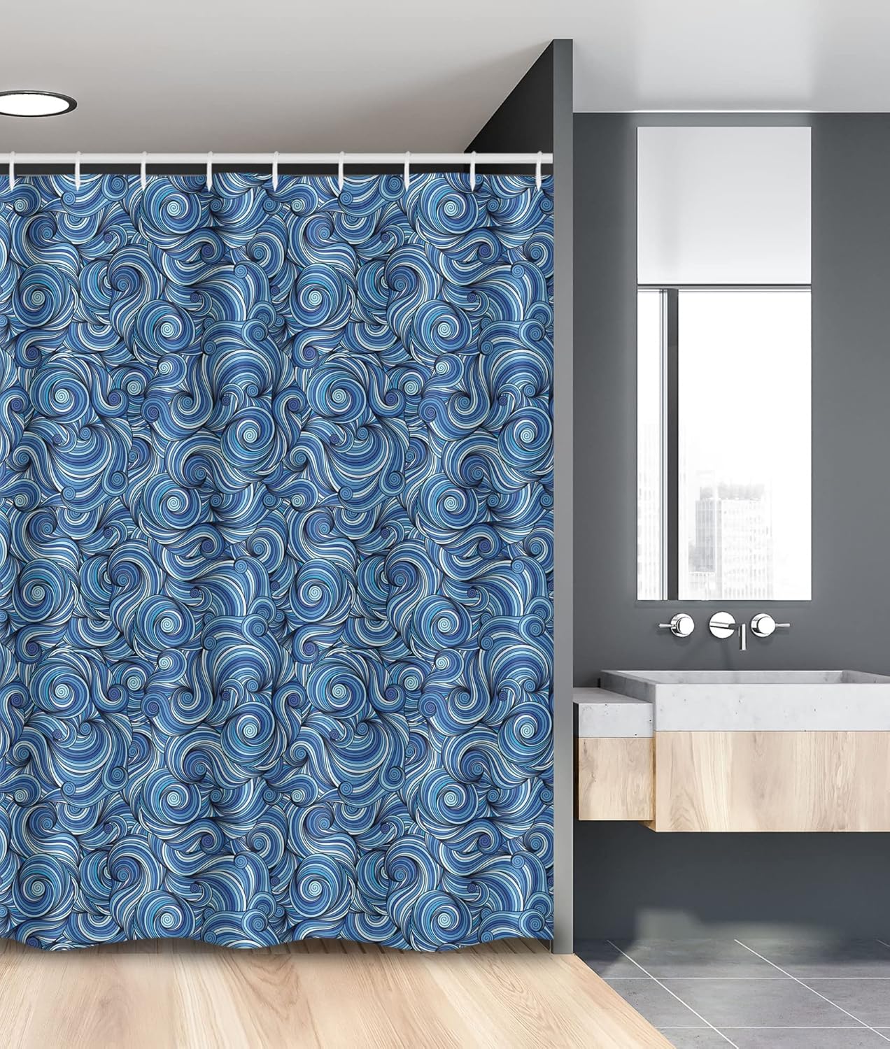 Ambesonne East Stall Shower Curtain, Zentangle Style Circles Swirling Lines Ornate Exotic Tribal, Fabric Bathroom Decor Set with Hooks, 54" W x 78" L, Pale Blue Navy Blue