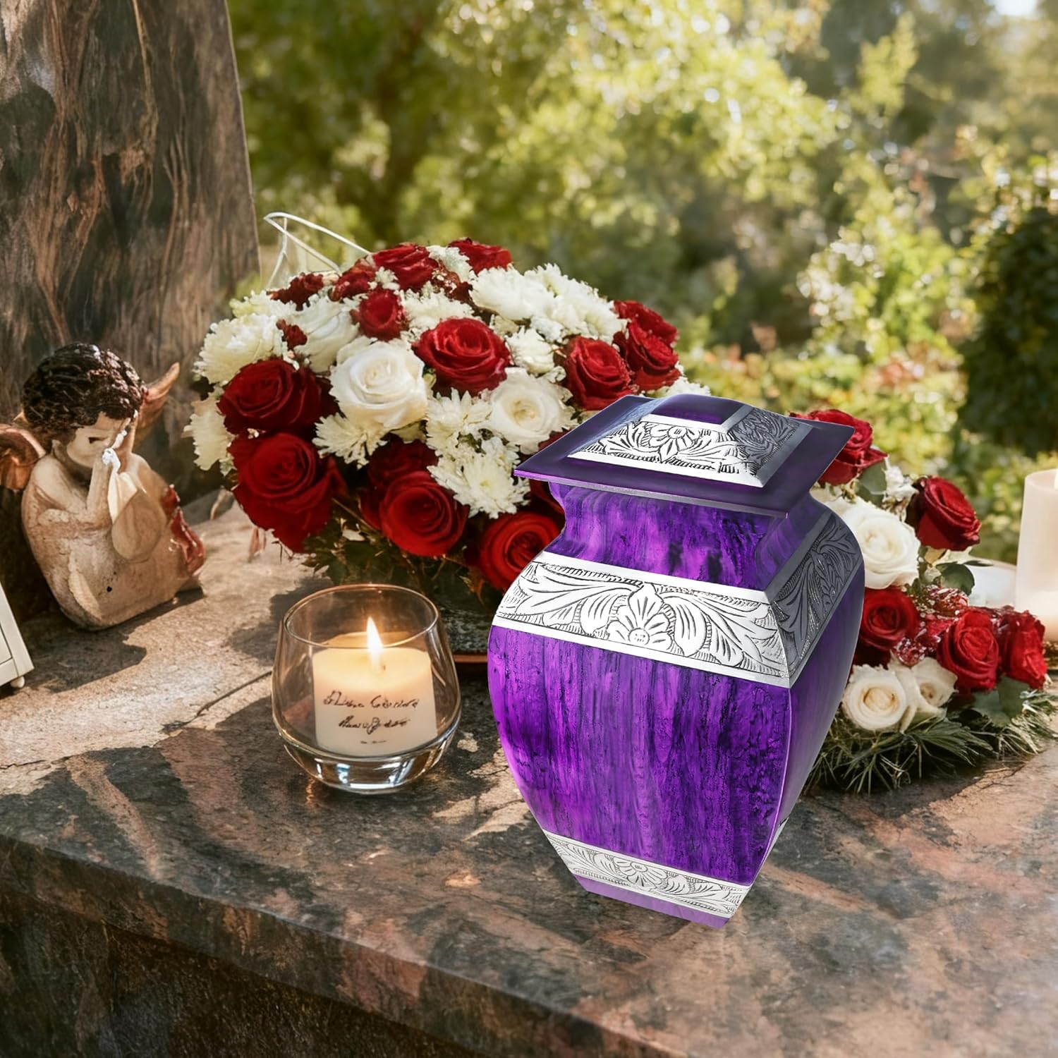 Urn for Ashes for Women & Men, Cremation Urns for Human Ashes Adult Female & Male, Funeral Decorative Urns for Burial, Square Model, Hand Engraving, Purple Urn - Large Full Size - Image 5