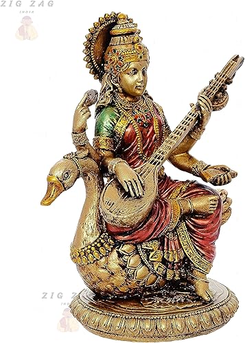 Miniatura 4 de Zig Zag Maa Saraswati Devi - Estatua de ídolo, diosa del conocimiento, música MATA Saraswati figura para escuela, oficina, hogar (multicolor, 8