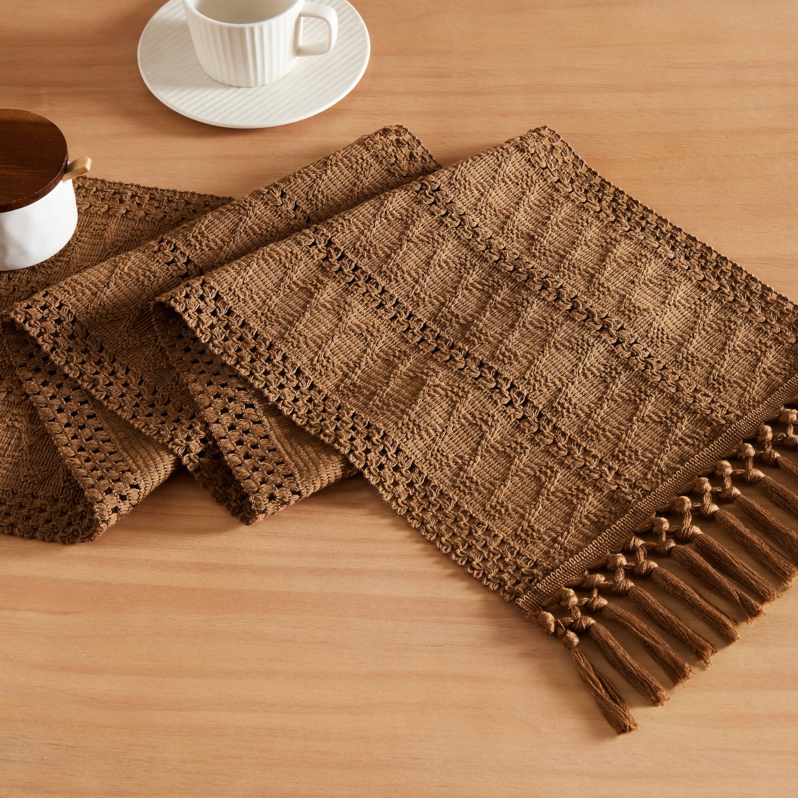 ZeeMart Macrame Style Boho Table Runner, Brown Table Runners 48 Inches Long, Farmhouse Woven Home Decor, 12x48 Inch, Caramel