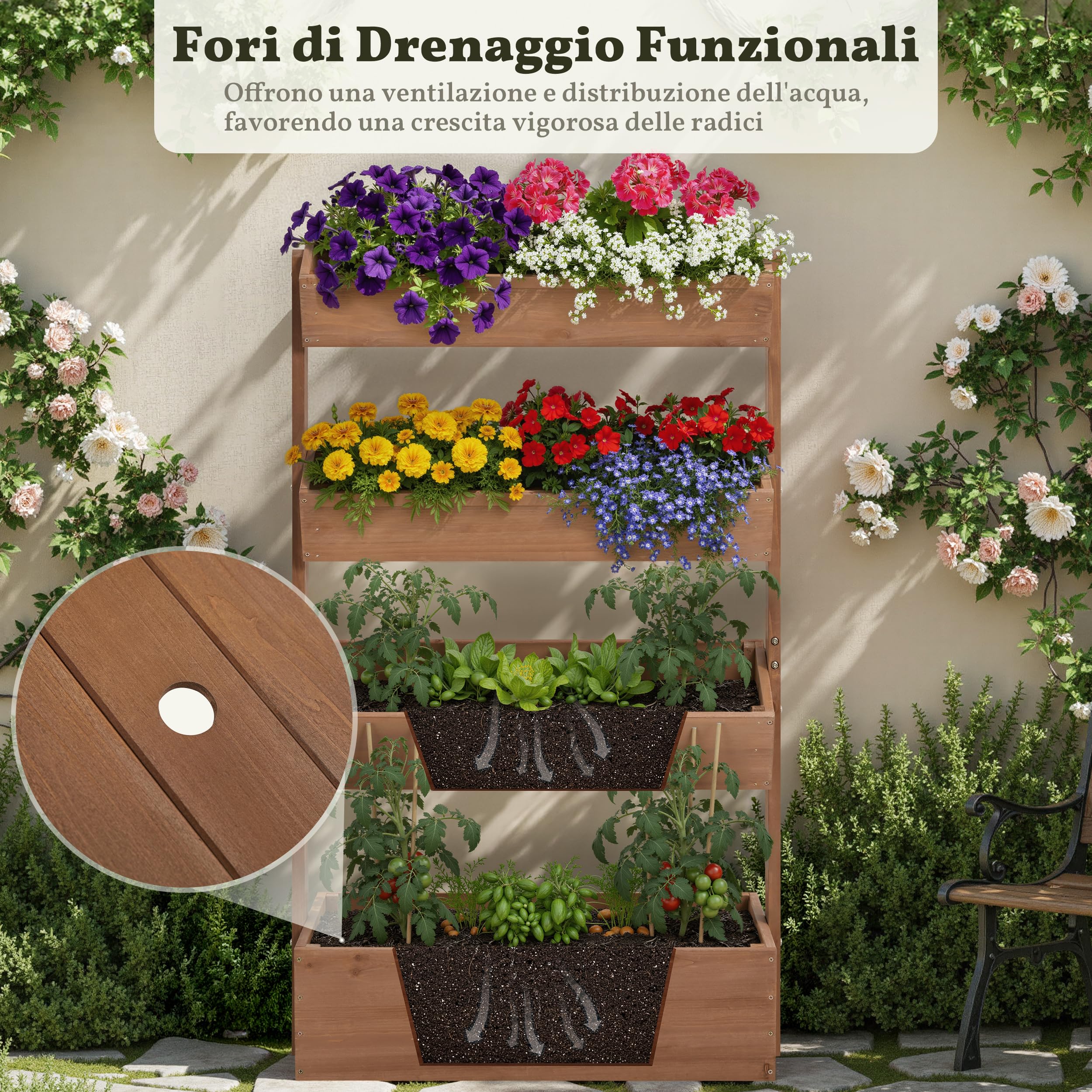Yaheetech Fioriera Aiuola Rialzata da Esterno Verticale 4 Piani in Legno con Fori di Drenaggio per Piante Aromatiche Orto 84,5×45×140,5cm Marrone Scuro