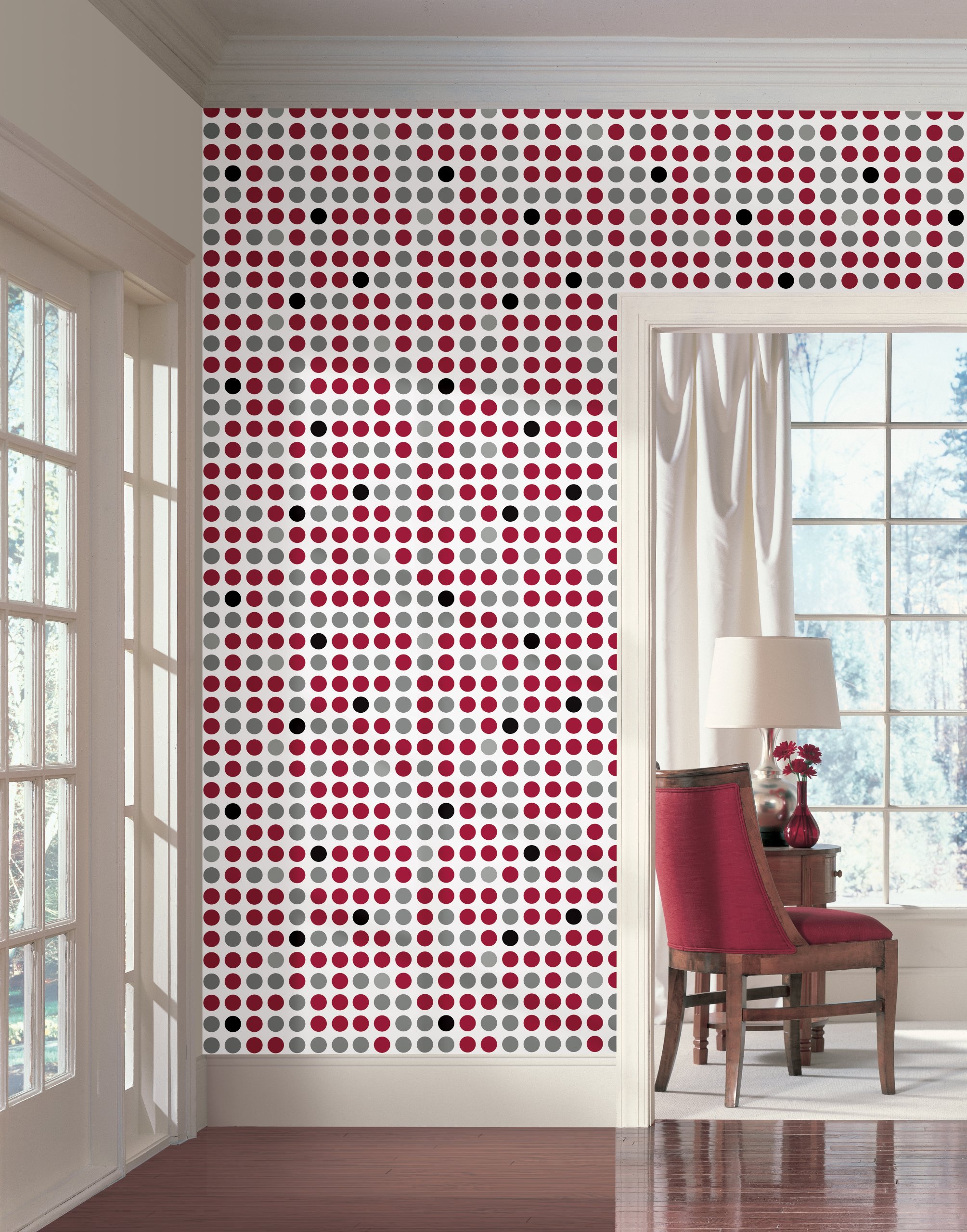 Wall In A Box WIB1012 Retro Dots Wallpaper, Silver Metallic, Scarlet Red, Gloss Black, Steel Gray