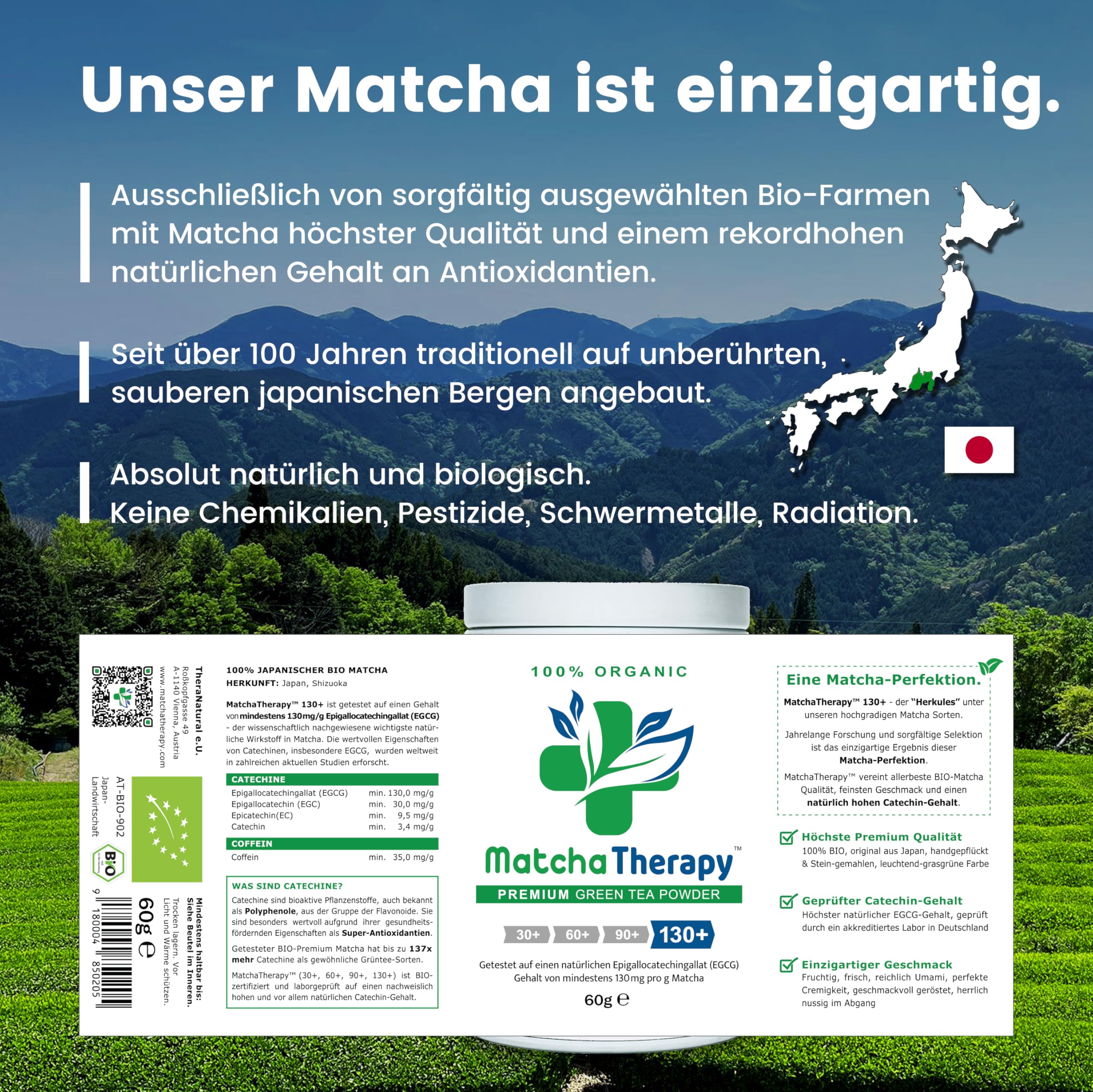 Matcha Tee - BIO Ceremonial Matcha Pulver - Grüntee aus Japan – EGCG 130+ | Labor geprüft: Mindestens 130mg/g natürliche EGCG Antioxidantien – Erste Ernte – Unterstützt Immunsystem & Energie | 60g