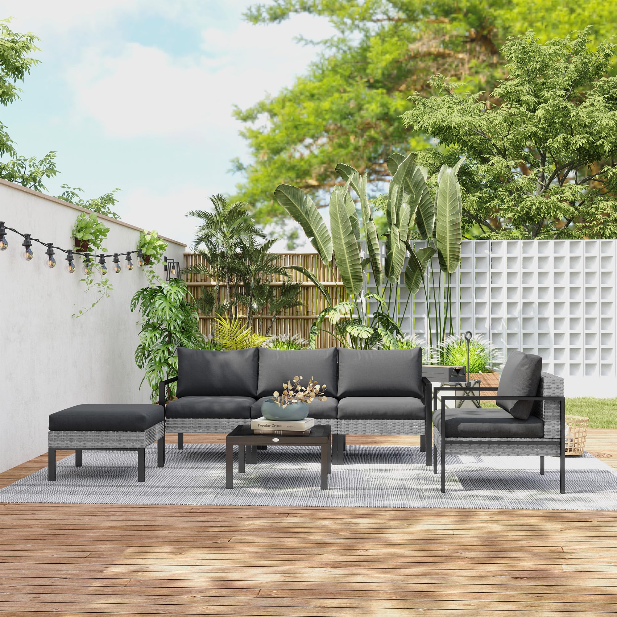 Outsunny Salon de Jardin Extérieur 5 Personnes Charge 120 kg Gris Clair | Salon de Balcon en Résine Tressée, Fauteuils, Pouf, Table Basse, Coussins Déhoussables Inclus