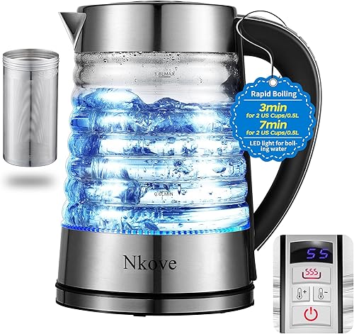 NKOVE Tetera eléctrica de vidrio, caldera de agua con control de temperatura de 1.8L, inalámbrica con luz LED, 60 onzas, color plateado