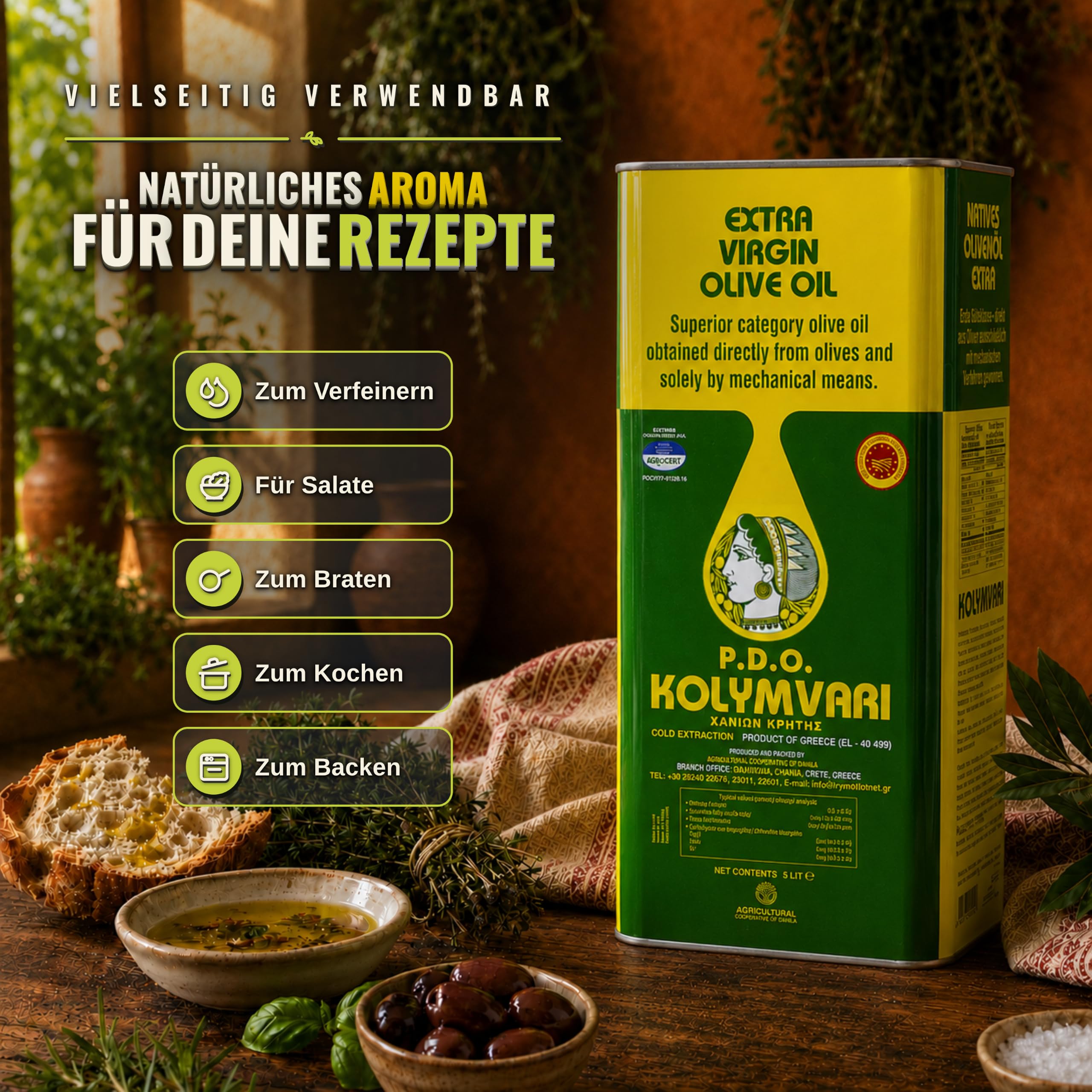 Kolymvari g.U. | Extra Natives Olivenöl | 5 Liter Kanister – Kreta, Griechenland | Premium Olivenöl | 100% Koroneiki Oliven | traditionelle Handernte | Kaltextraktion | niedriger Säuregehalt