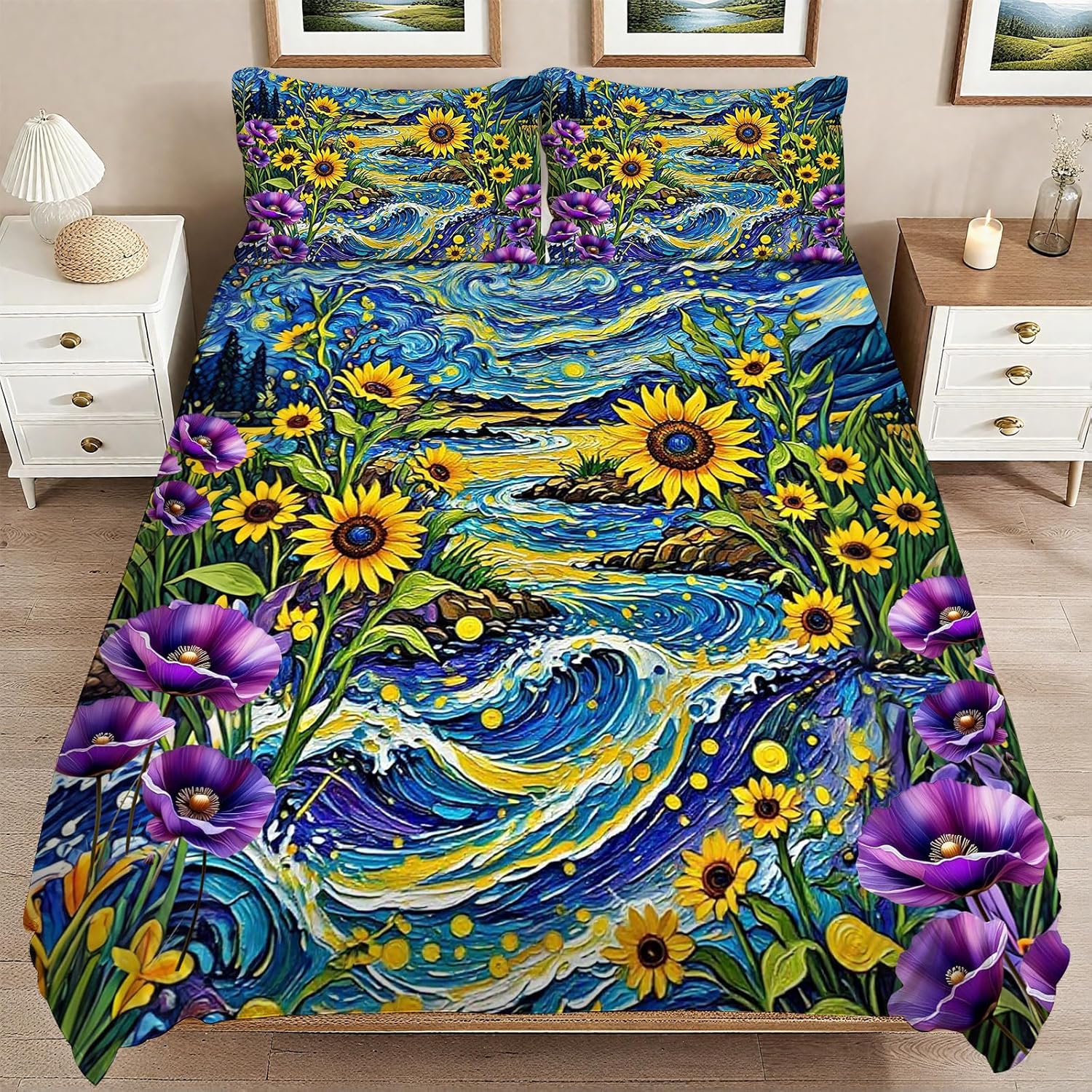 Sunflower Galaxy Bedding Set 3 Pieces Soft Comforter Cover Twin Size with 2 Pillowcases 1 Duvet Cover for Men Women Bedroom