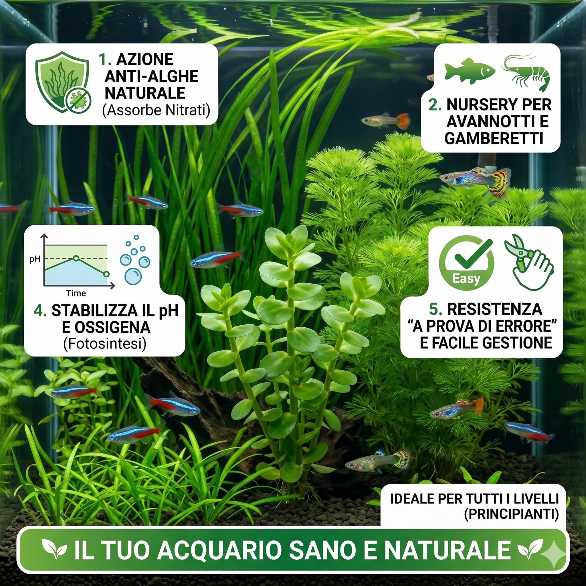 Set 3 Piante Vere Acquario: Vallisneria, Bacopa, Cabomba - Kit Piante Vive per Pesci d'Acqua Dolce, Facili da Coltivare e Ideali per Principianti in Ogni Acquario
