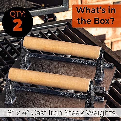 Miniatura 2 de Parrilla de hierro fundido versátil y segura al tacto de 8 x 4 pulgadas, peso de 2 unidades. Prensa de carne perfecta con mango de madera para