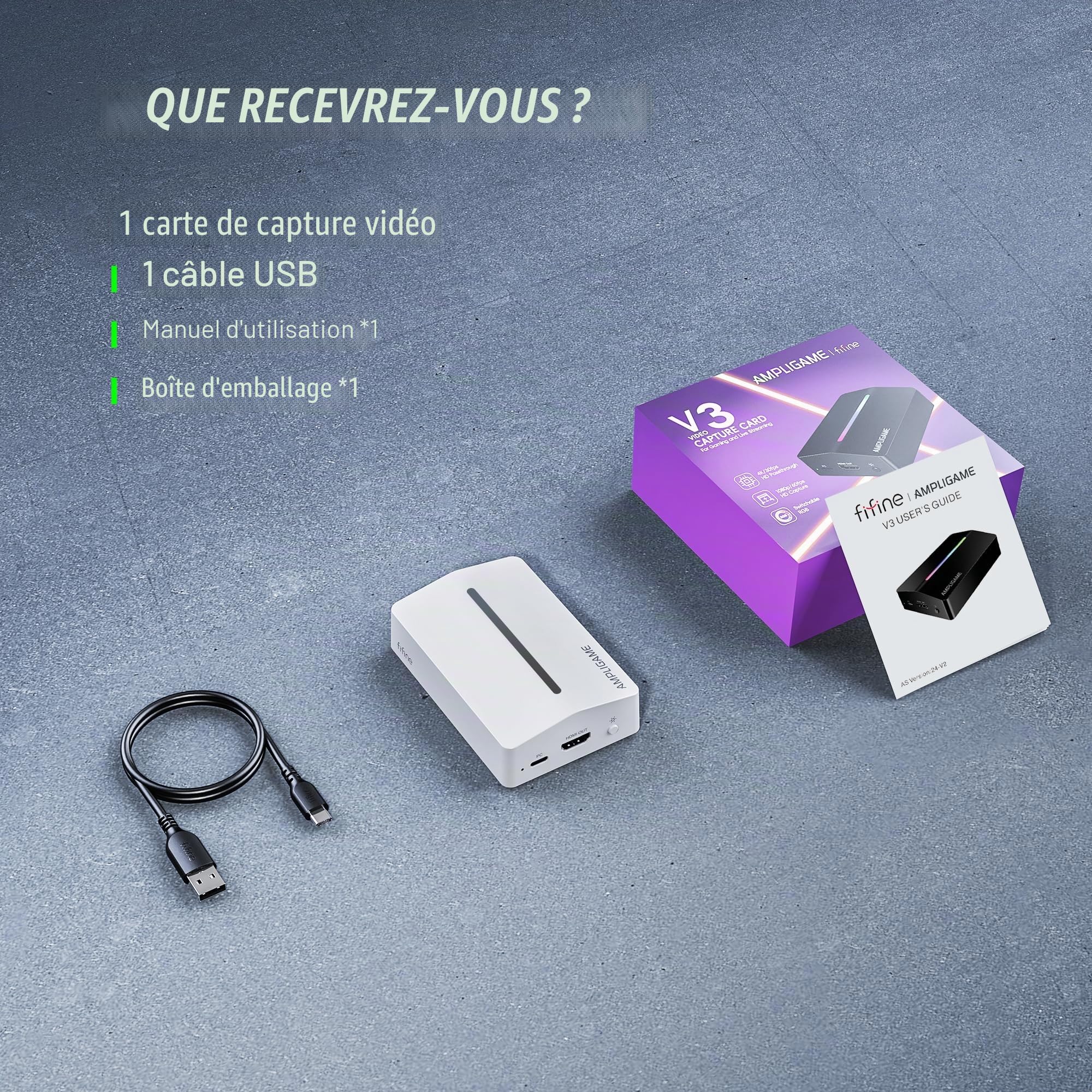 Fifine AmpliGame Carte de capture de jeu USB 4K HDMI, 1080p Audio Vidéo Carte de capture pour OBS Streaming avec RVB, HDMI, compatible avec Switch/XBOX/PS5/Computer-V3 Blanc