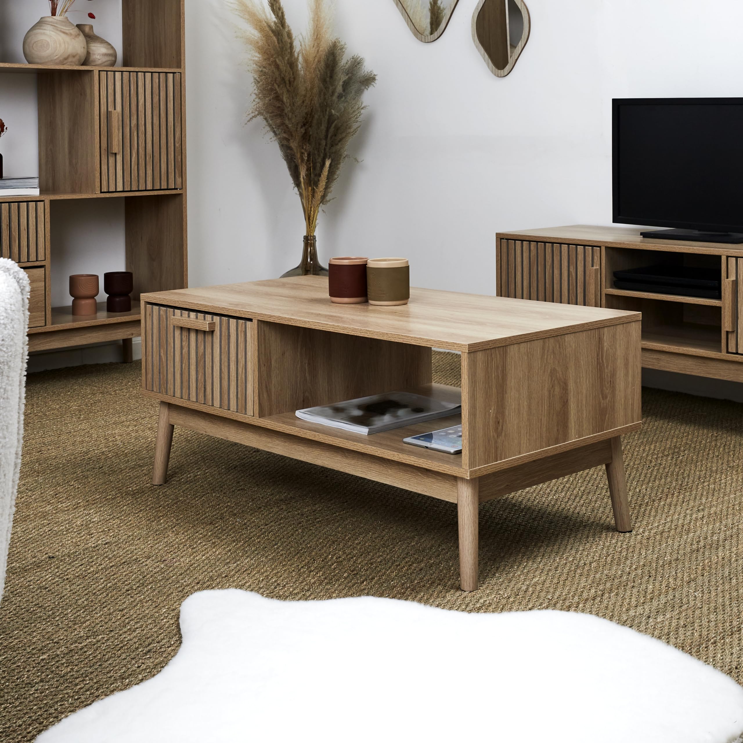 HOME DECO FACTORY - HD0089 Mesa de Centro de Madera con Cajón y Compartimento de Almacenamiento - Diseñada para Salón o Comedor - Diseño Moderno - Dimensiones 100x43x50 cm - Color Marrón