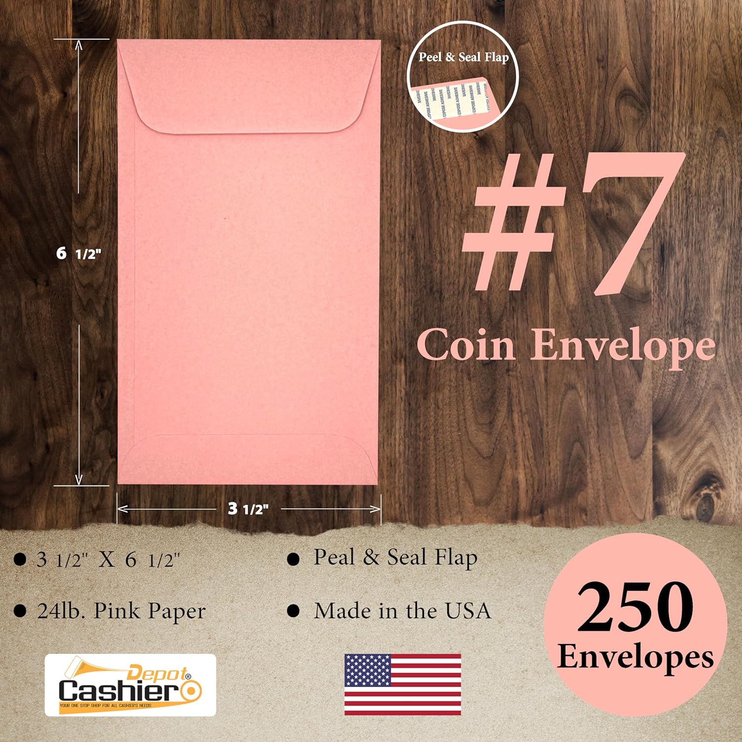 250 Cashier Depot #7 Coin & Money Envelopes, Open End, Peel & Seal, 3-1/2" x 6-1/2", 24 lb Paper, Made in USA, 250 Count (Pink)