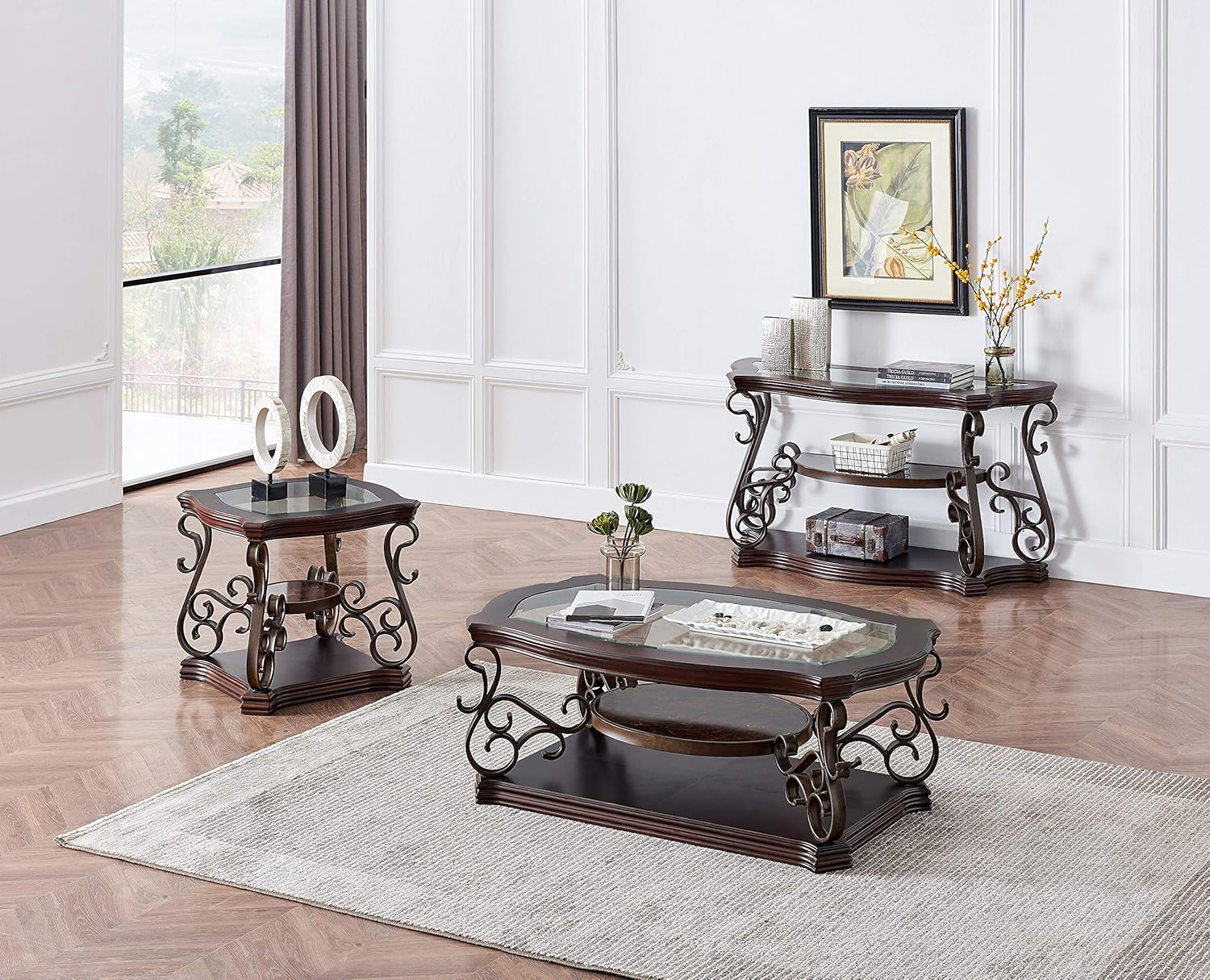 Rhomtree Glass Top Coffee Table with Powder Coat Finish Metal Legs Traditional Coffee Table for Living Room, Living Room Table with Storage Shelf and Metal Frame, Easy Assembly