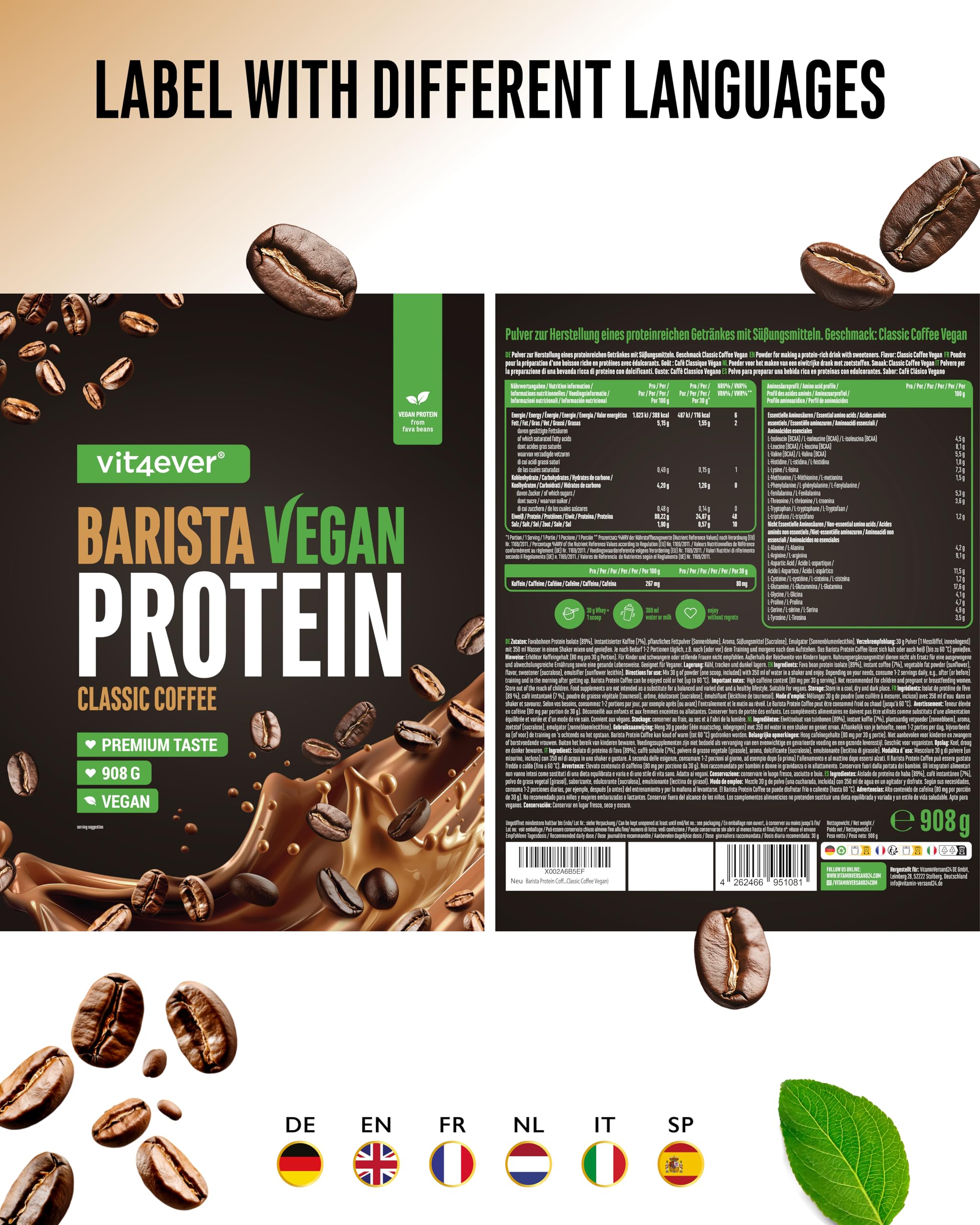 vit4ever Barista Protein Coffee – Cremiger pflanzlicher Protein-Kaffee mit echtem Kaffee & Koffein, wenig Zucker & Fett, ohne Soja – 908 g, Classic Pflanzenproteine Vegan | 24g Protein & 80mg Koffein pro Portion, mit echtem Kaffee, Favabohnen-Protein, ohn