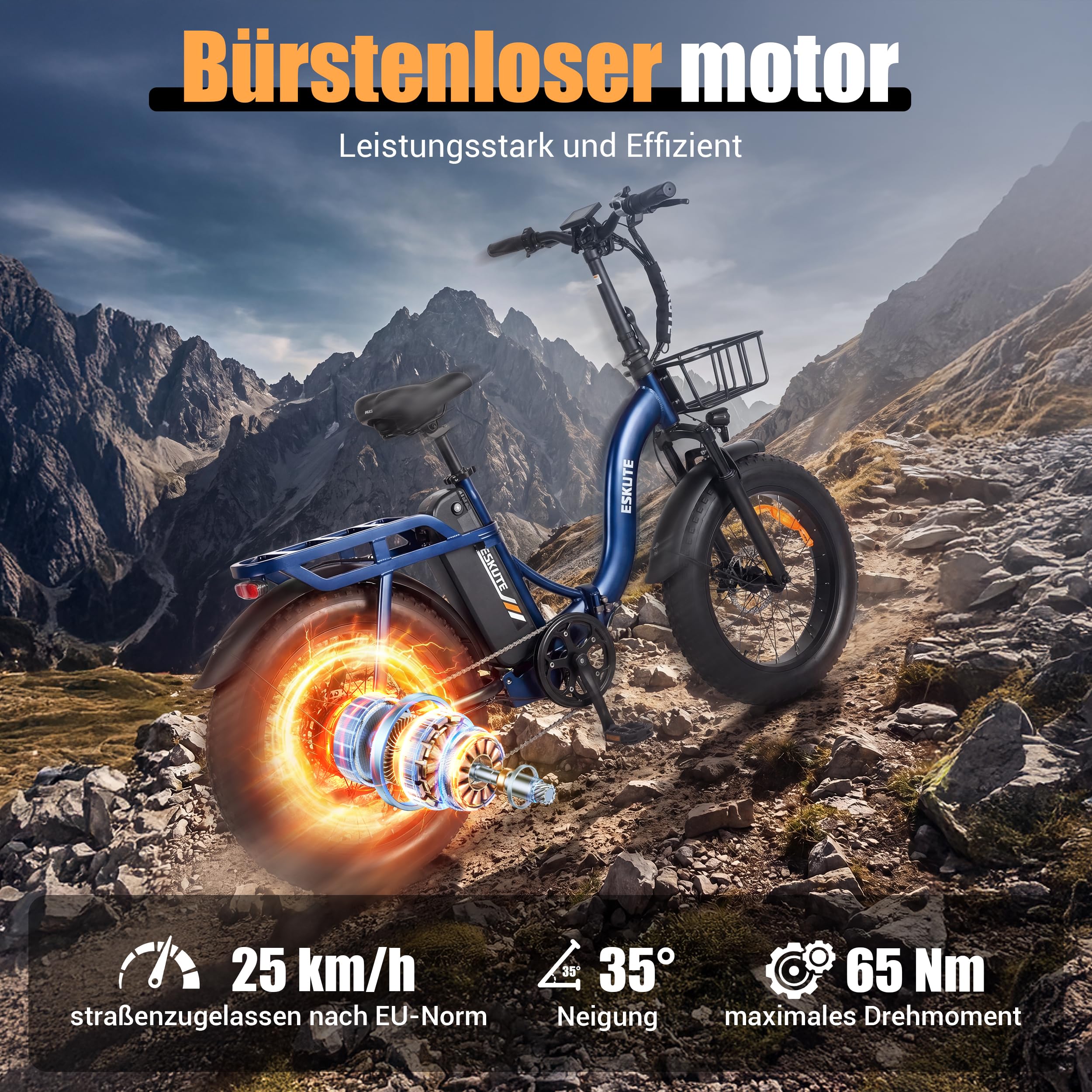ESKUTE E-Bike D202 PRO, 20×4 Zoll faltbares Fatbike, 48V 20,8Ah Akku, bis 100 km Reichweite, 250W Motor, 7-Gang Schaltung, für Herren & Damen, Gelände, Strand & Schnee