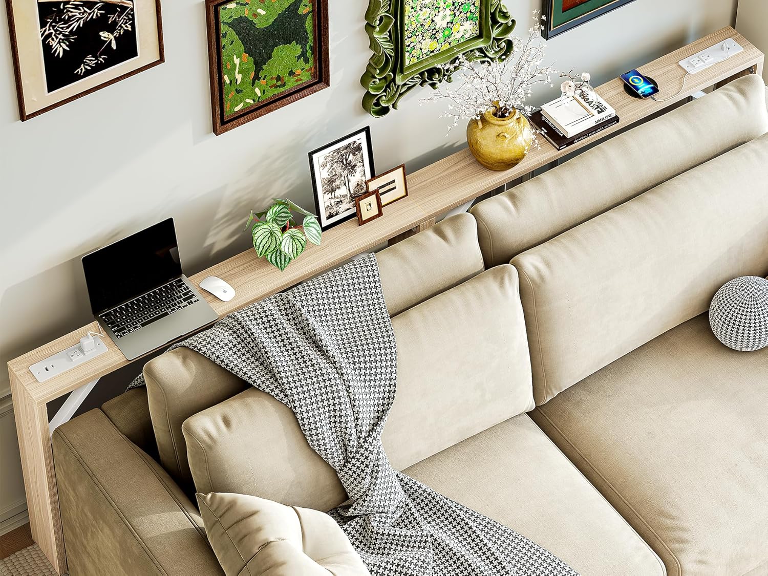 TIQLAB 5.9 Inch Narrow Console Table with Power Outlet,Sofa Table Set of 2，Total Length 94'' Sofa Table Behind Couch，for Entryway&Living Room, Light Walnut