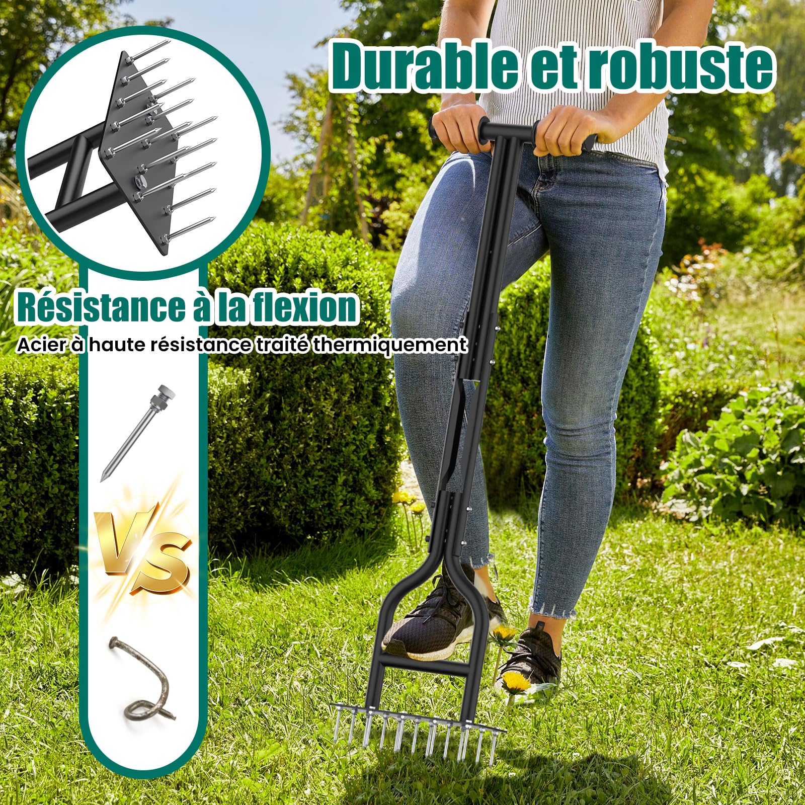 HYCHIKA Aérateur Gazon, 15 Pointes en Acier Solide, Scarificateur Pelouse, Aérateurs de Gazon Manuels, Aerateur Gazon Outils Jardinage