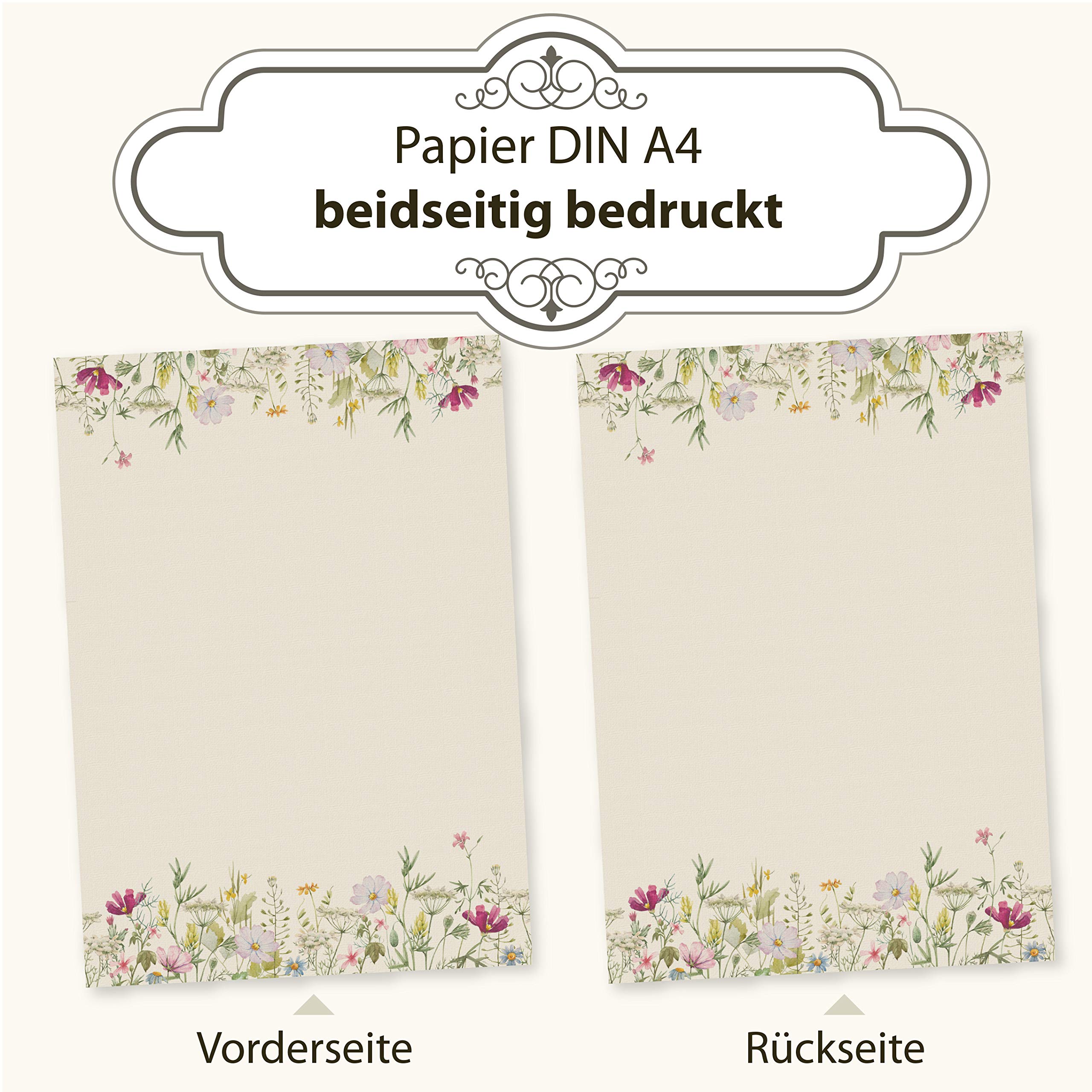 Wildblumen Briefpapier mit Umschlag Set 100 set di carta DIN A4 beidseitig floreale Natur nachhaltig für Frauen Erwachsene Brief Set