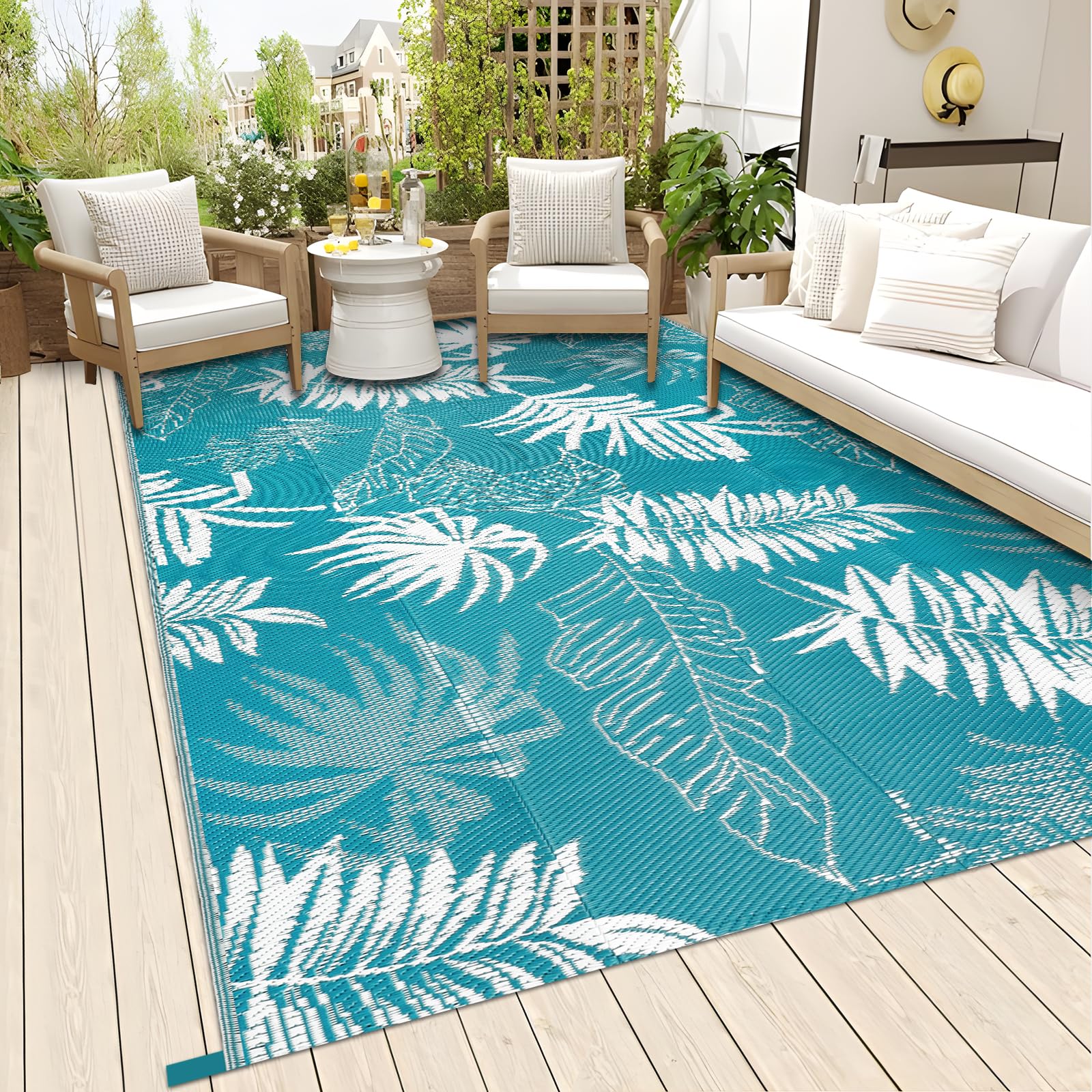Falflor Alfombra reversible para exteriores, 150 x 245 cm, impermeable, grande, de plástico, ligera, para interiores y exteriores, alfombra de paja de plástico para camping, terraza, caravana, patio
