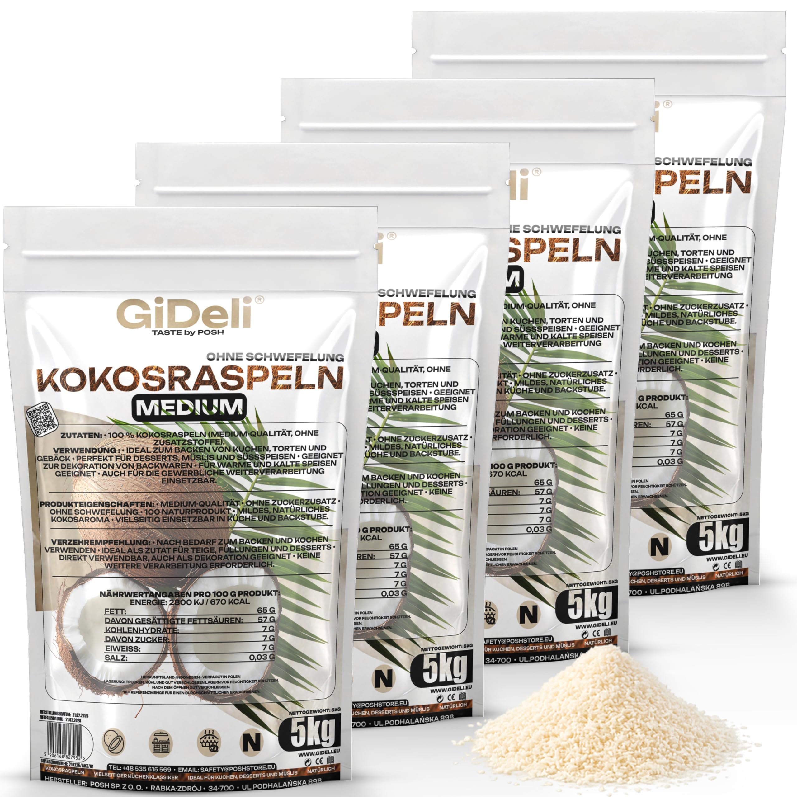 GiDeli Kokosraspeln 4x5kg - Eine Quelle für Gesunde Fette und Ballaststoffe - Für Veganer und Personen mit Keto-Diät - Natürliche für Vielseitige Verwendung